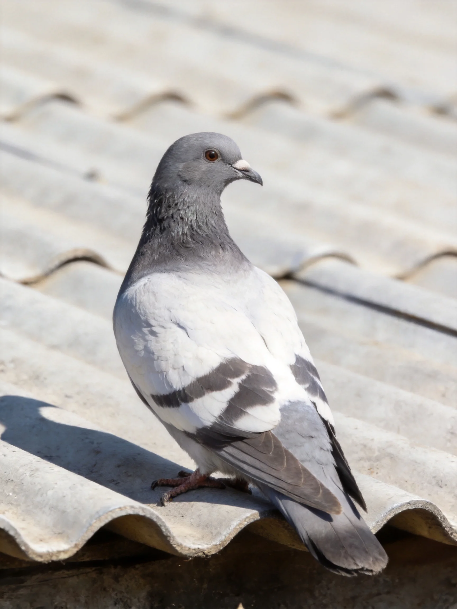 A gray and white pigeon perches on a corrugated metal roof