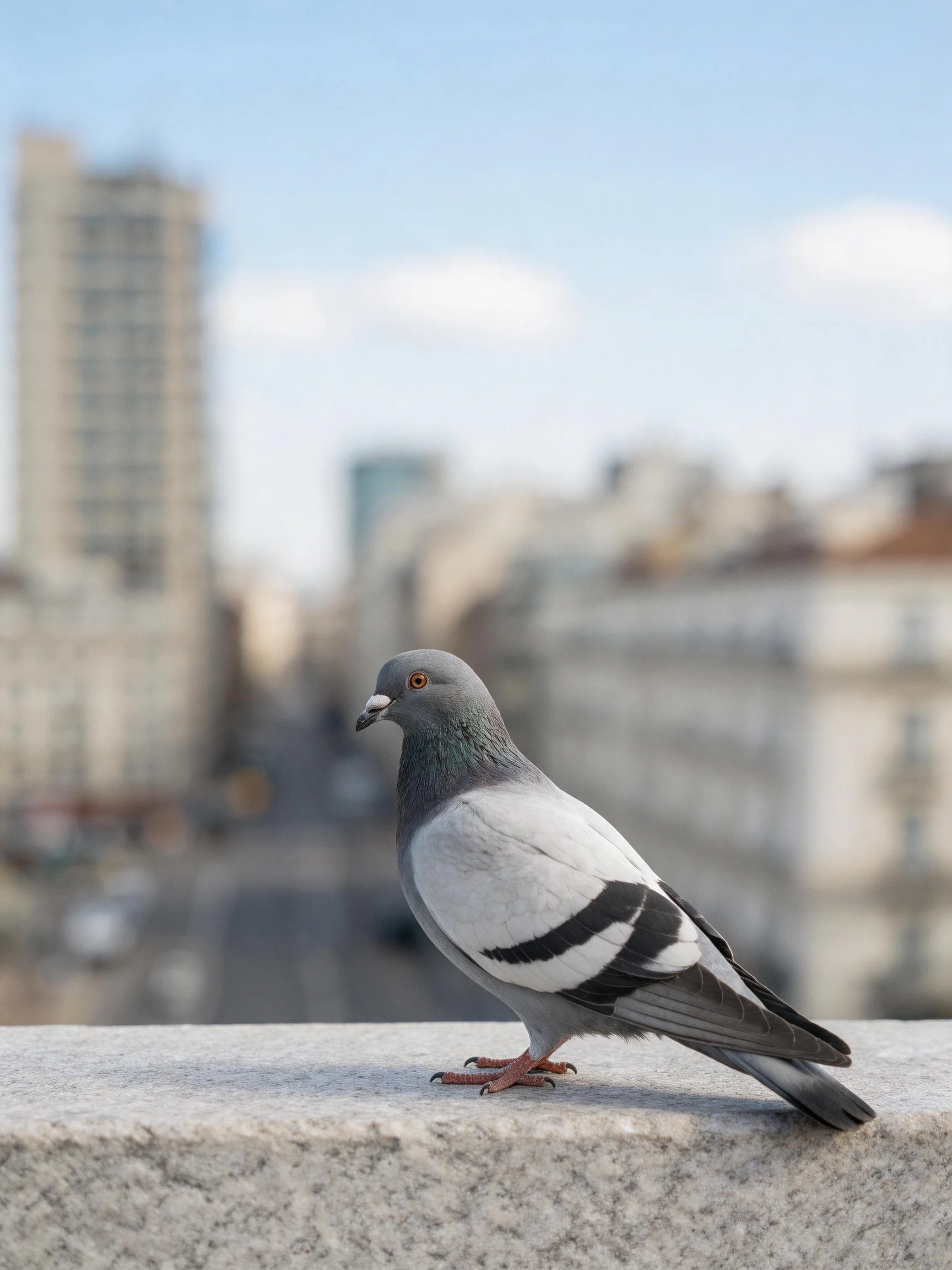 A gray and white pigeon perches on a stone ledge near city buildings