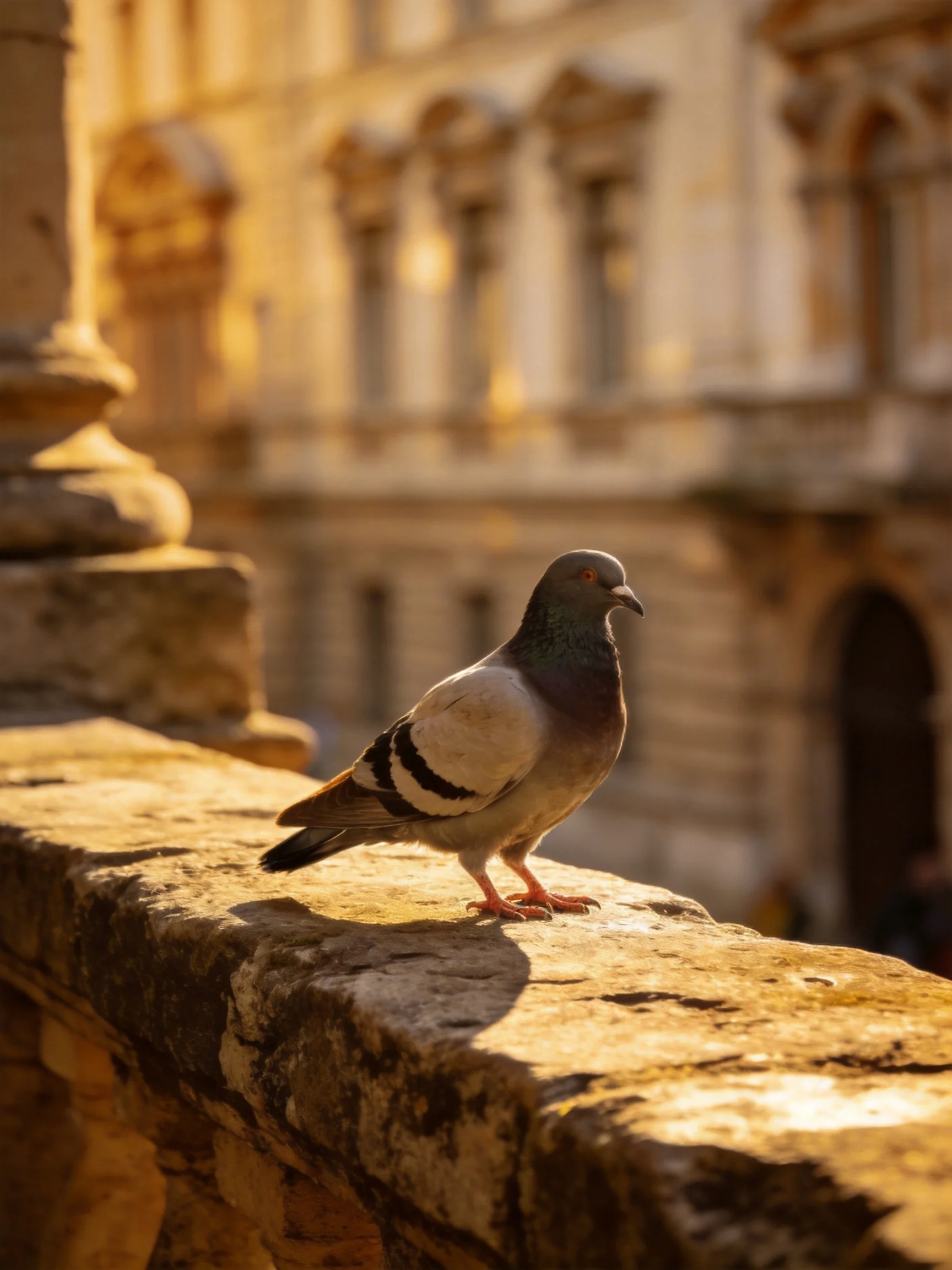 A pigeon stands on a weathered stone ledge beside old architectural structures.