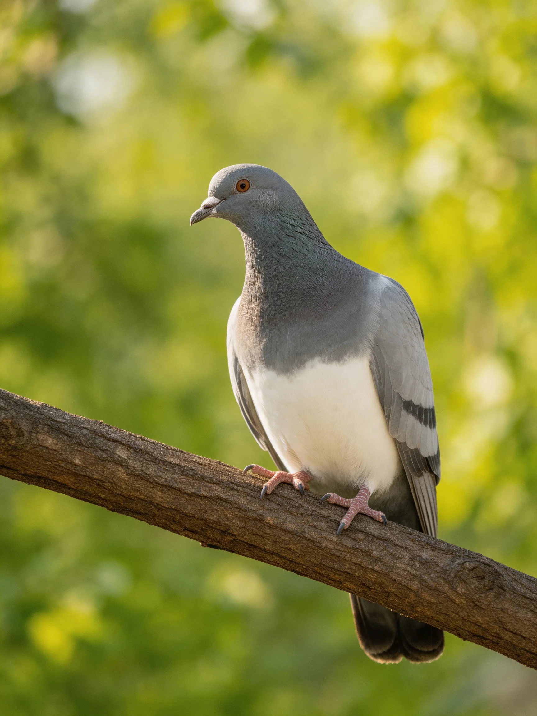 A gray and white pigeon sits calmly on a tree branch amid green foliage.