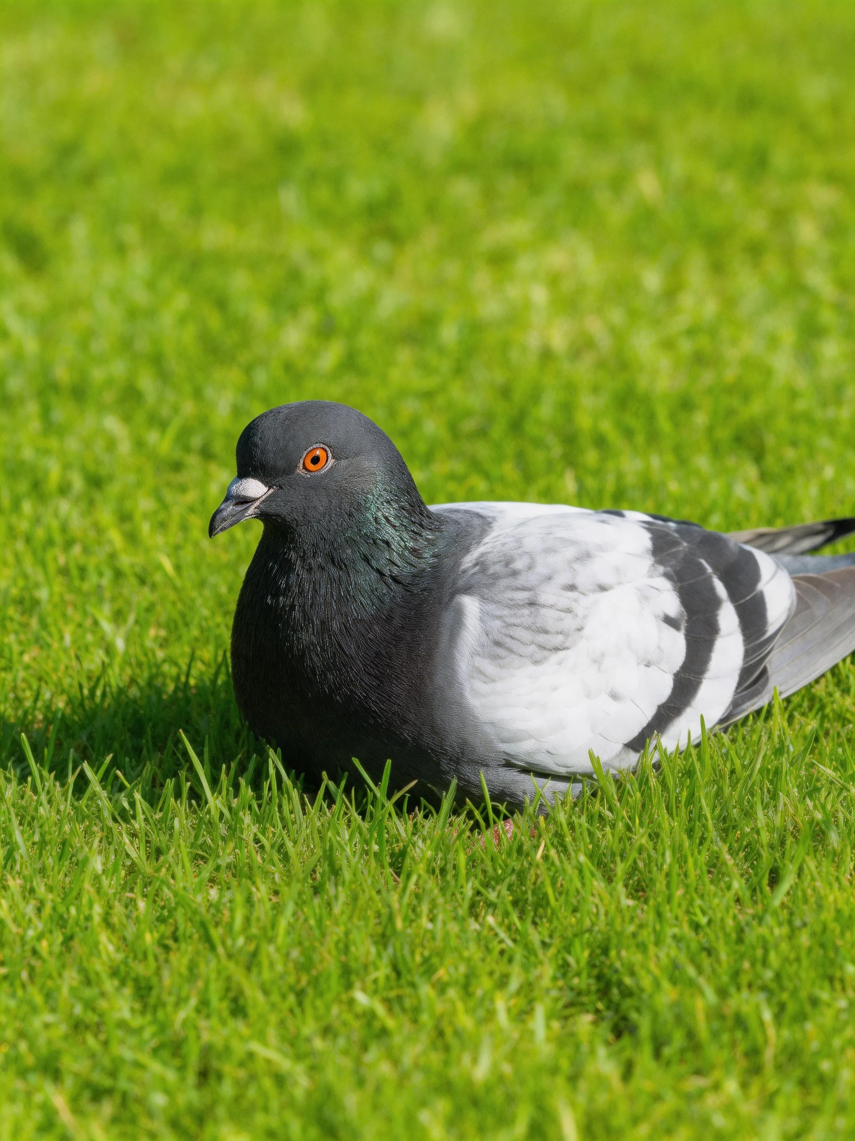 A pigeon with gray and white plumage rests on green grass