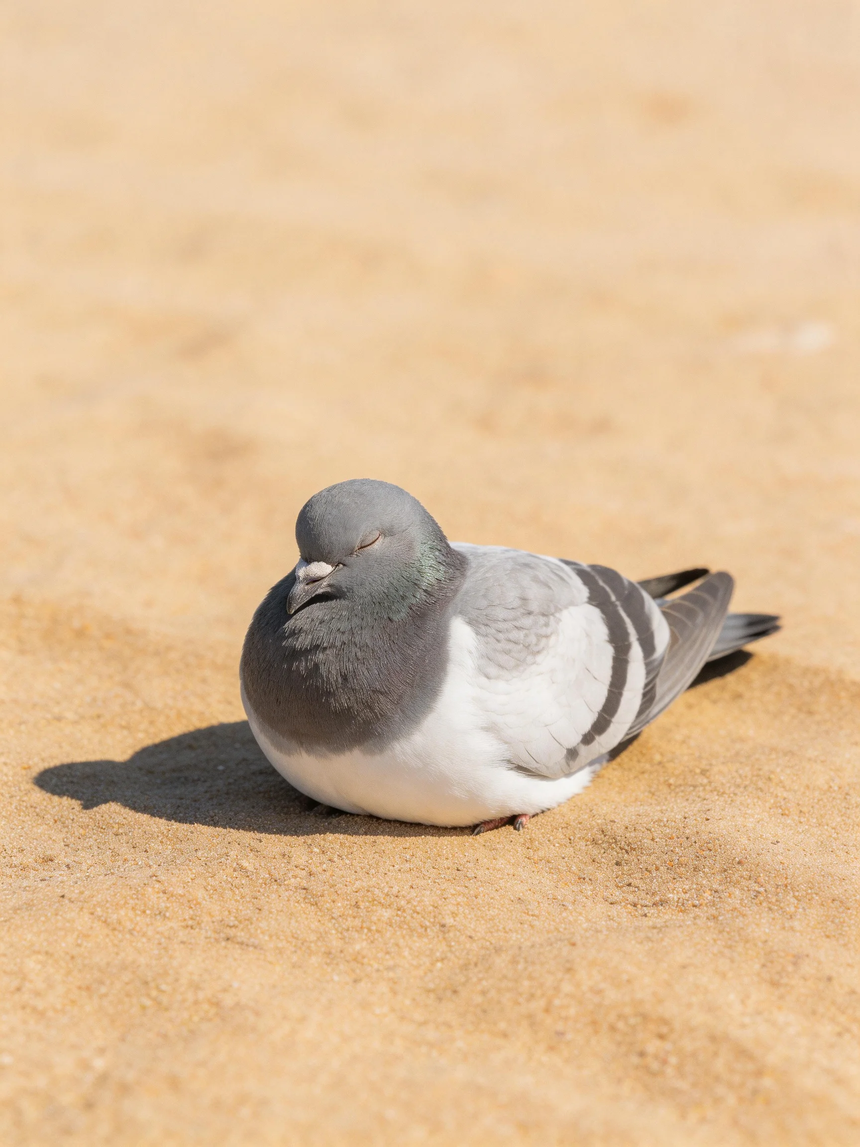 A gray and white pigeon rests on sandy ground