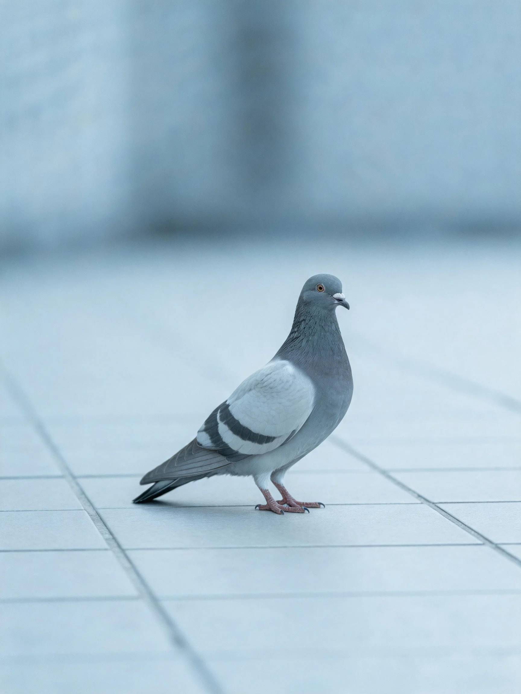 A gray and white pigeon stands on a tiled surface