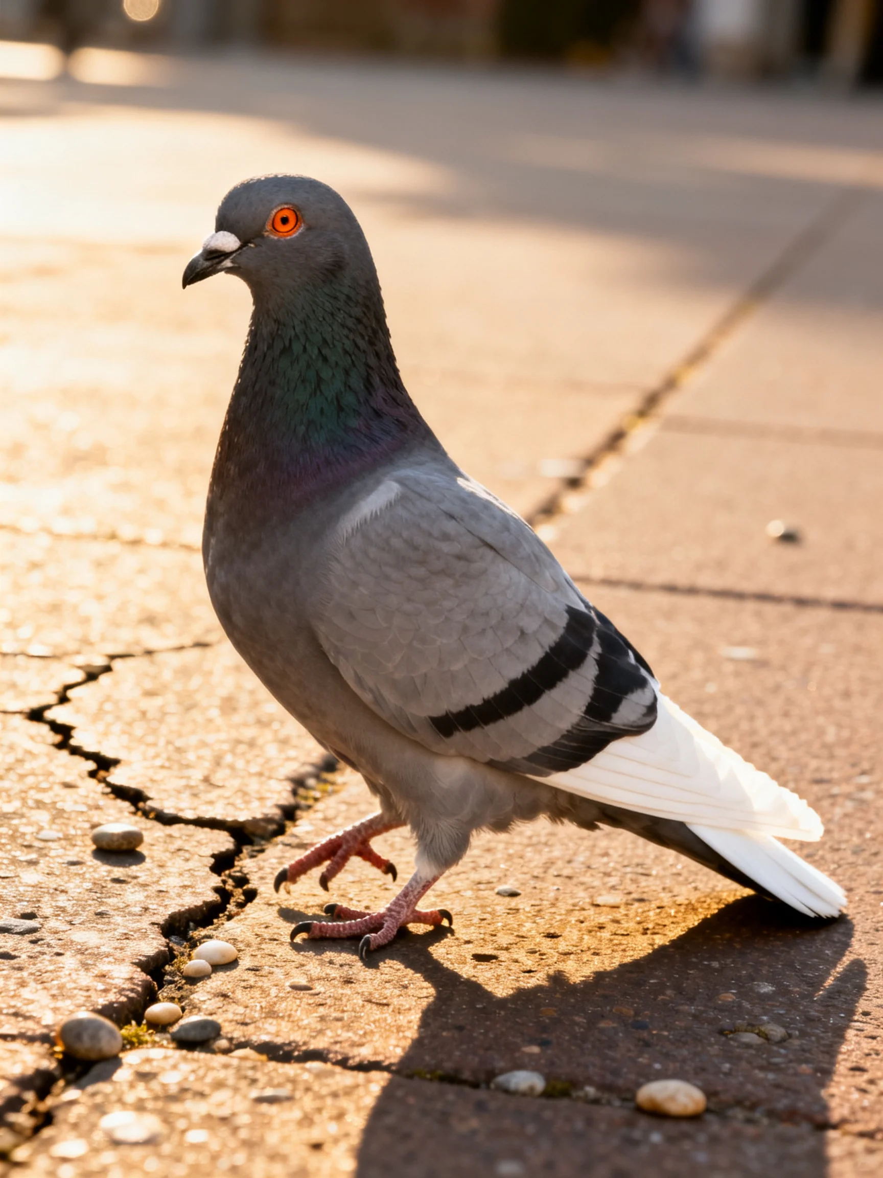 A gray and white pigeon with an orange eye on cracked pavement