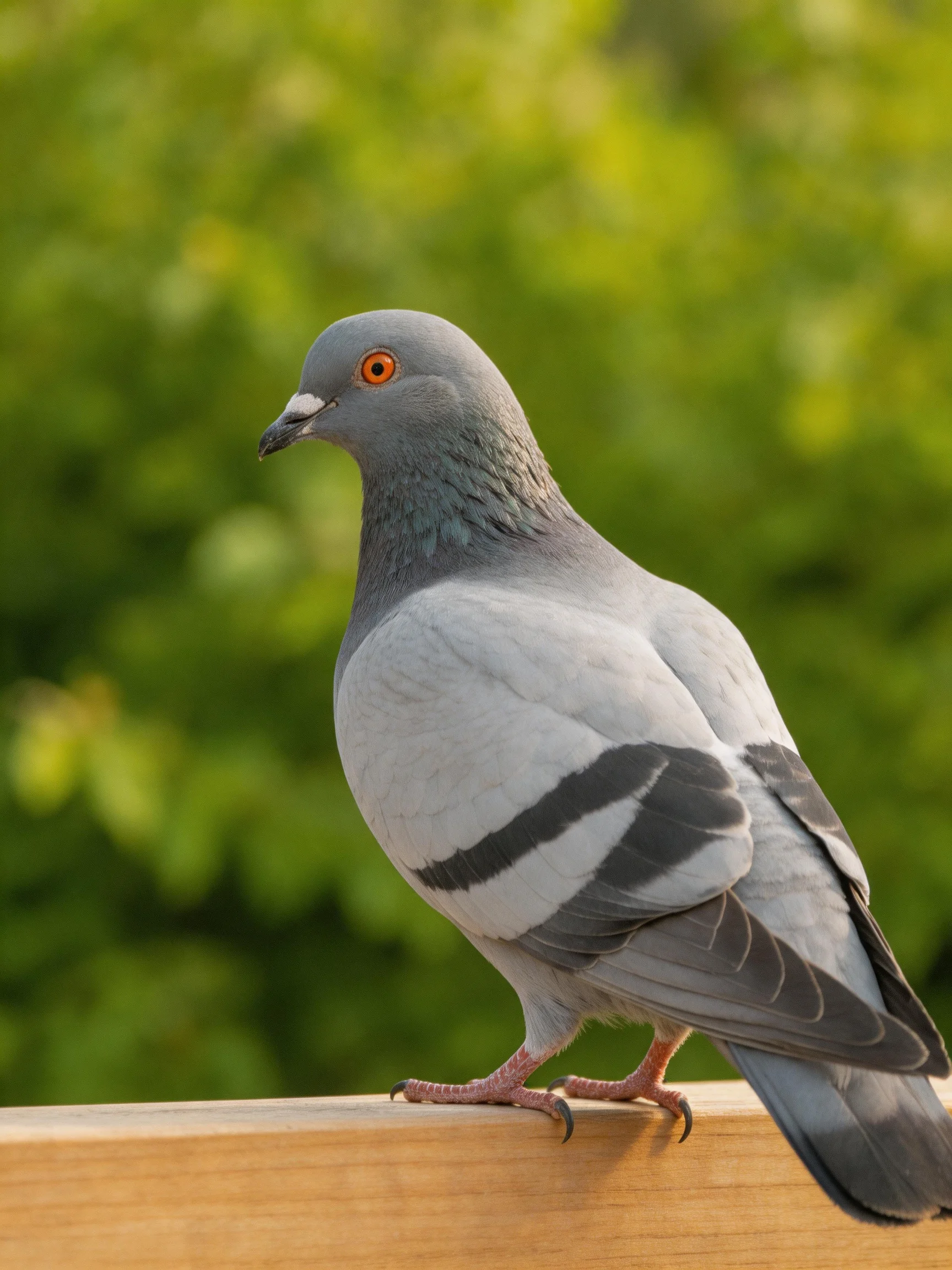 A gray and white pigeon with black wing stripes rests on wood.