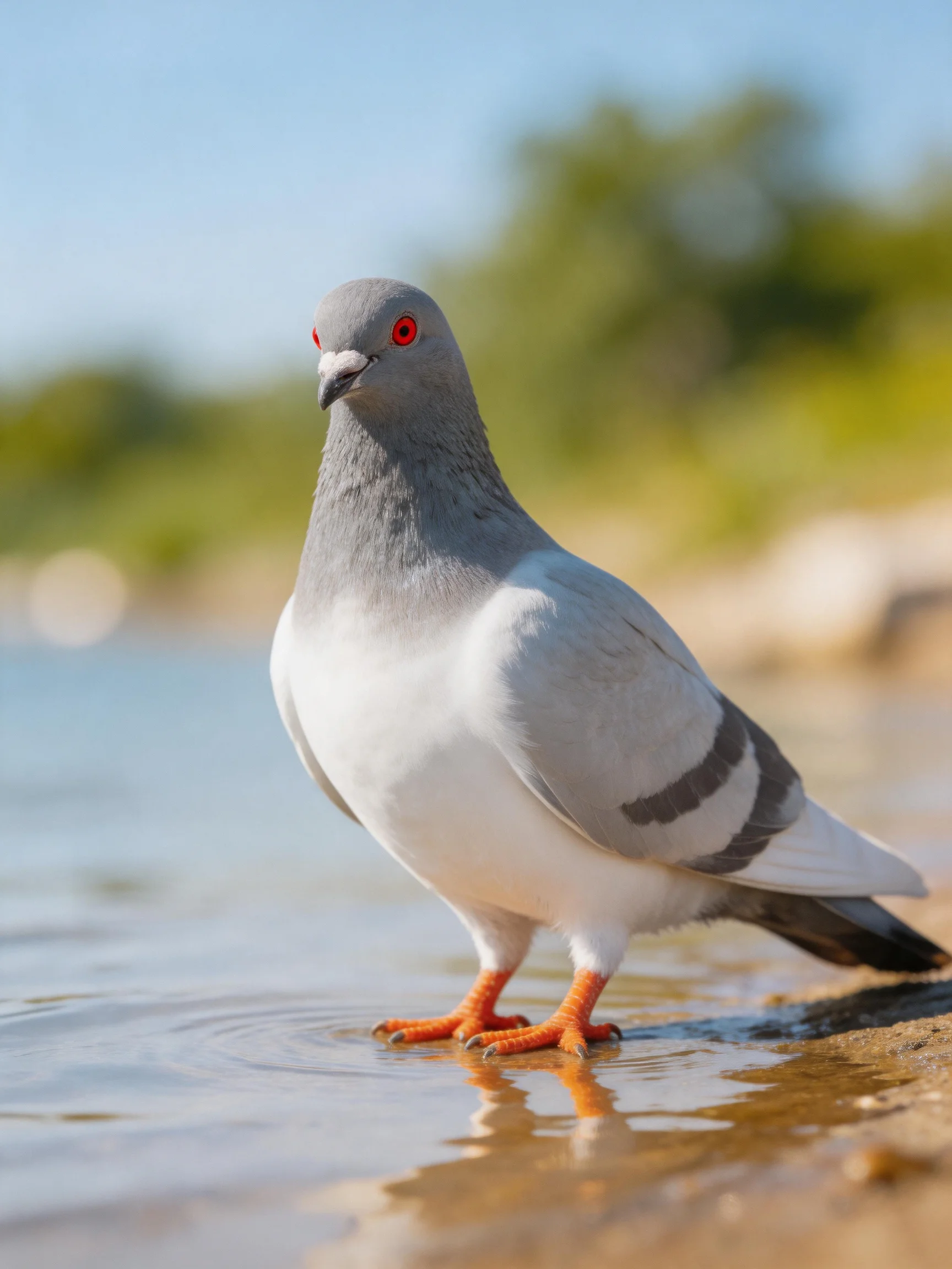 A gray and white pigeon with red eyes stands by shallow water
