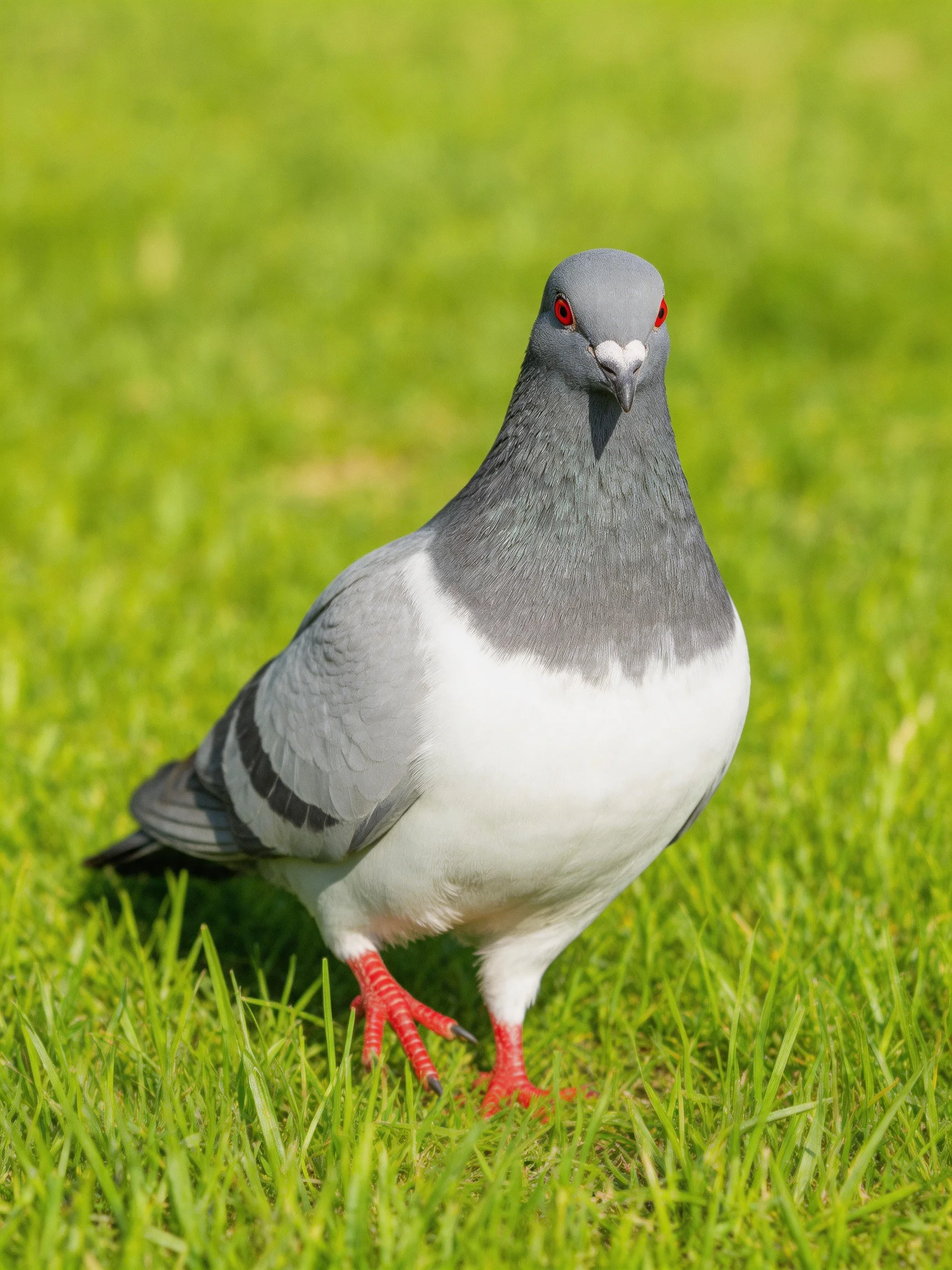 A gray and white pigeon with red features stands on green grass.