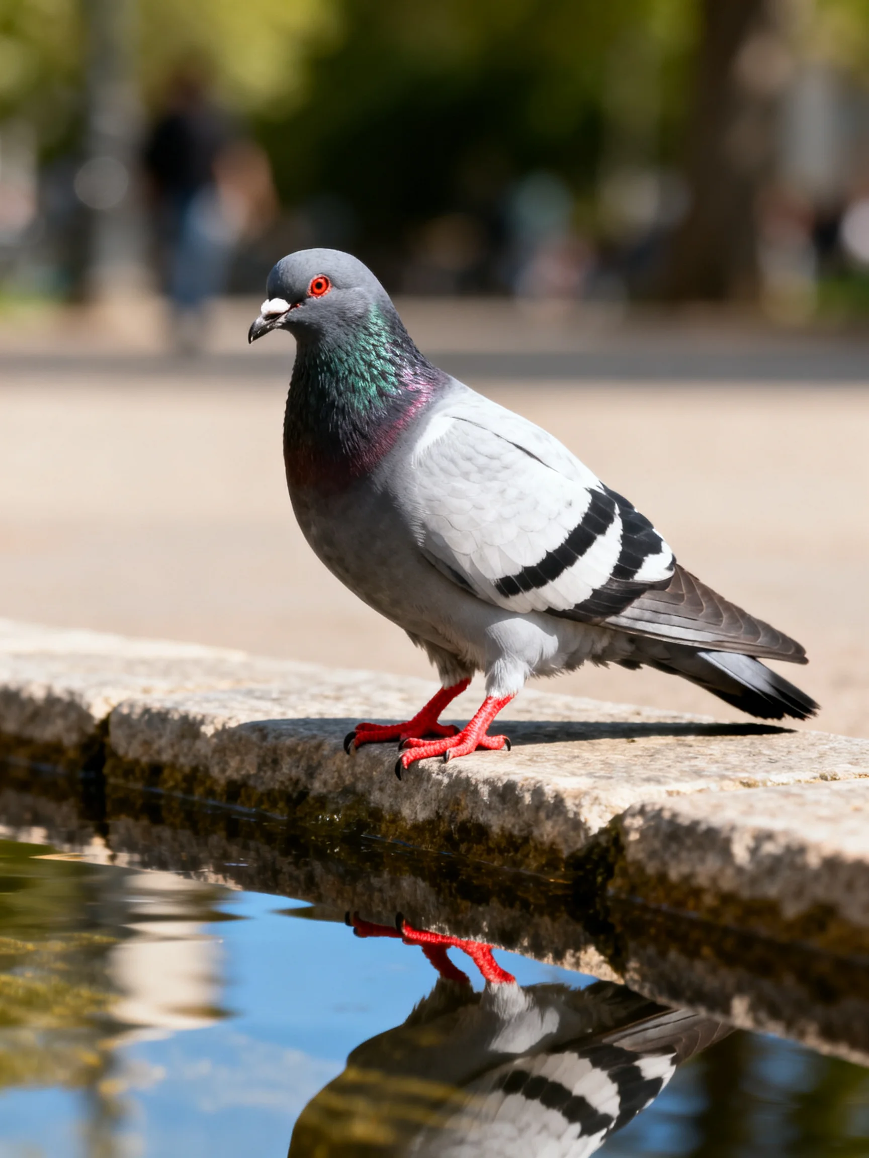 A gray and white pigeon with red feet near reflective water