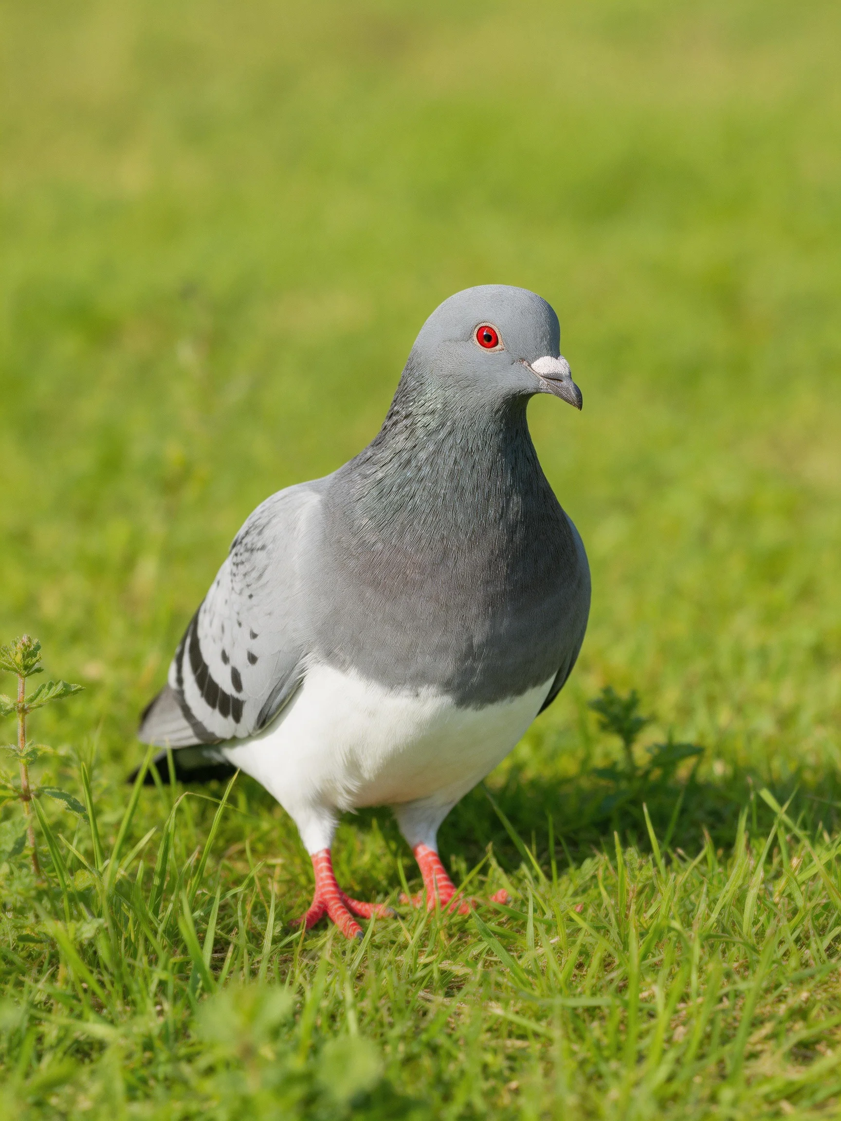 A gray and white pigeon stands on lush green grass.