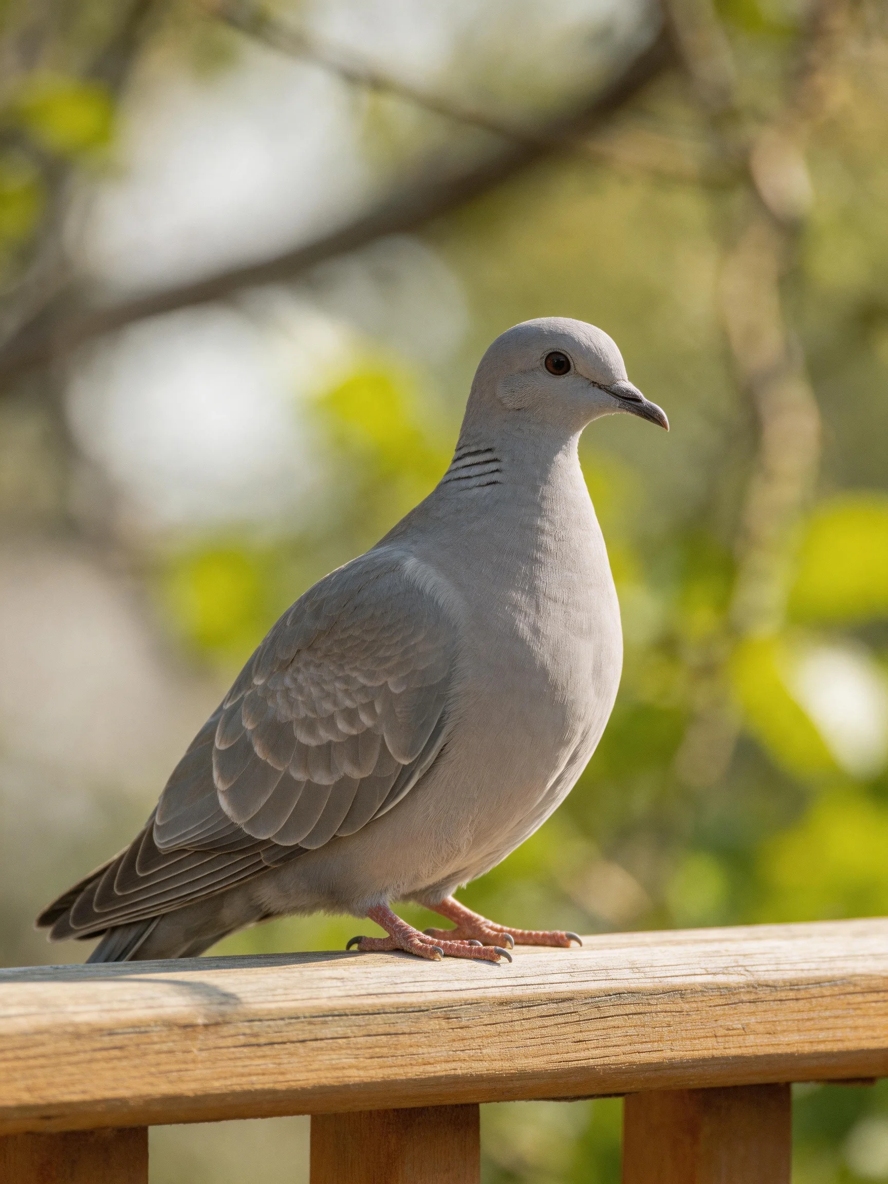 A gray bird perched on a wooden railing amid green foliage