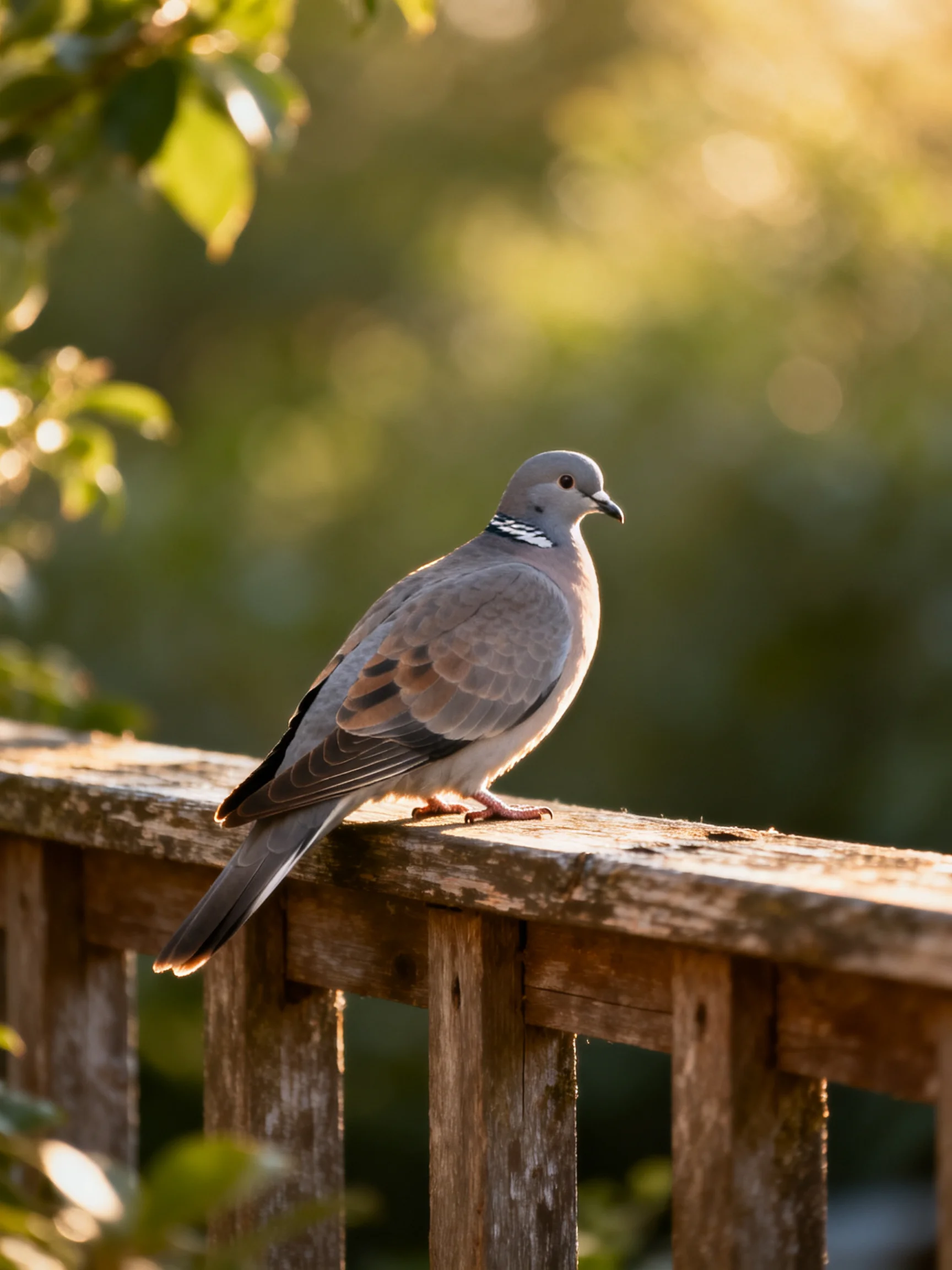 A gray bird sits on a wooden railing surrounded by greenery.