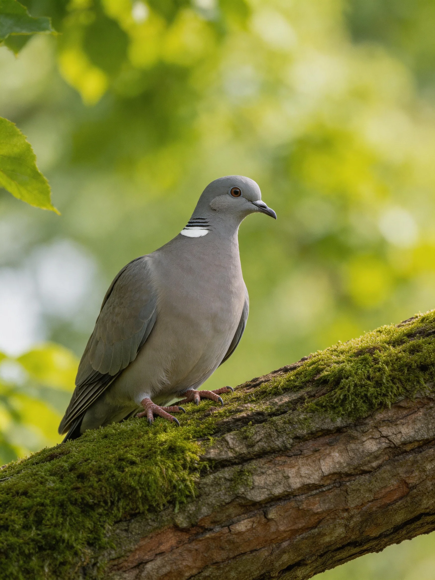 A gray bird rests on a moss-covered branch amid green foliage