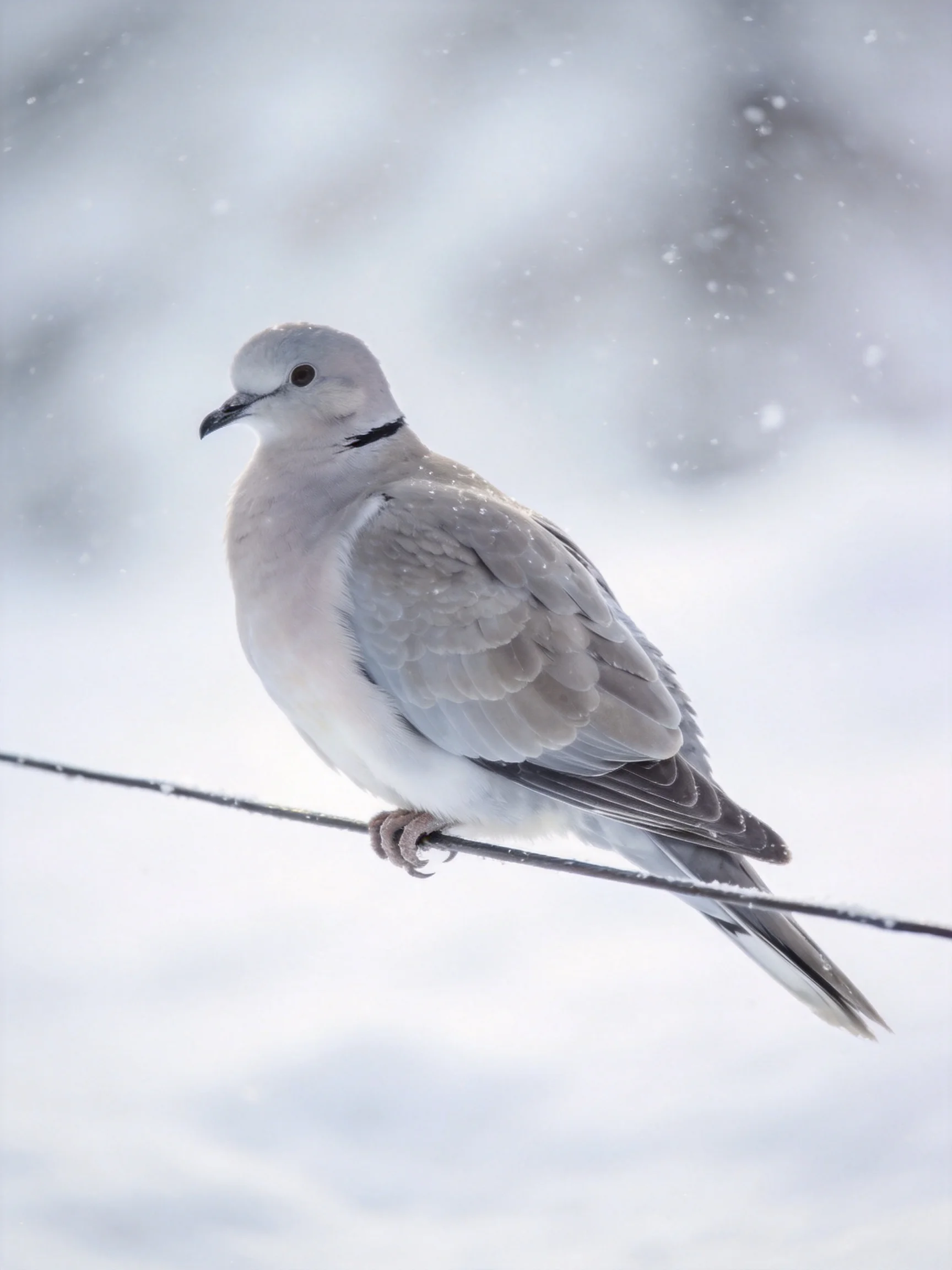 A gray bird with a black neck band perched on a wire in falling snow