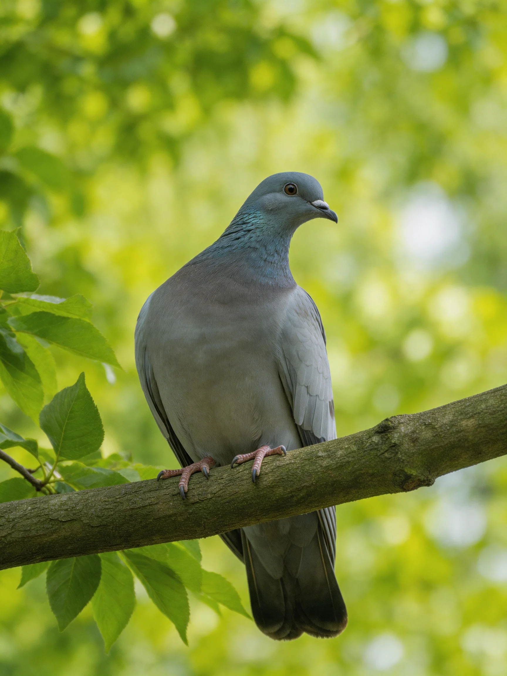A gray-blue pigeon perched on a tree branch amidst green foliage