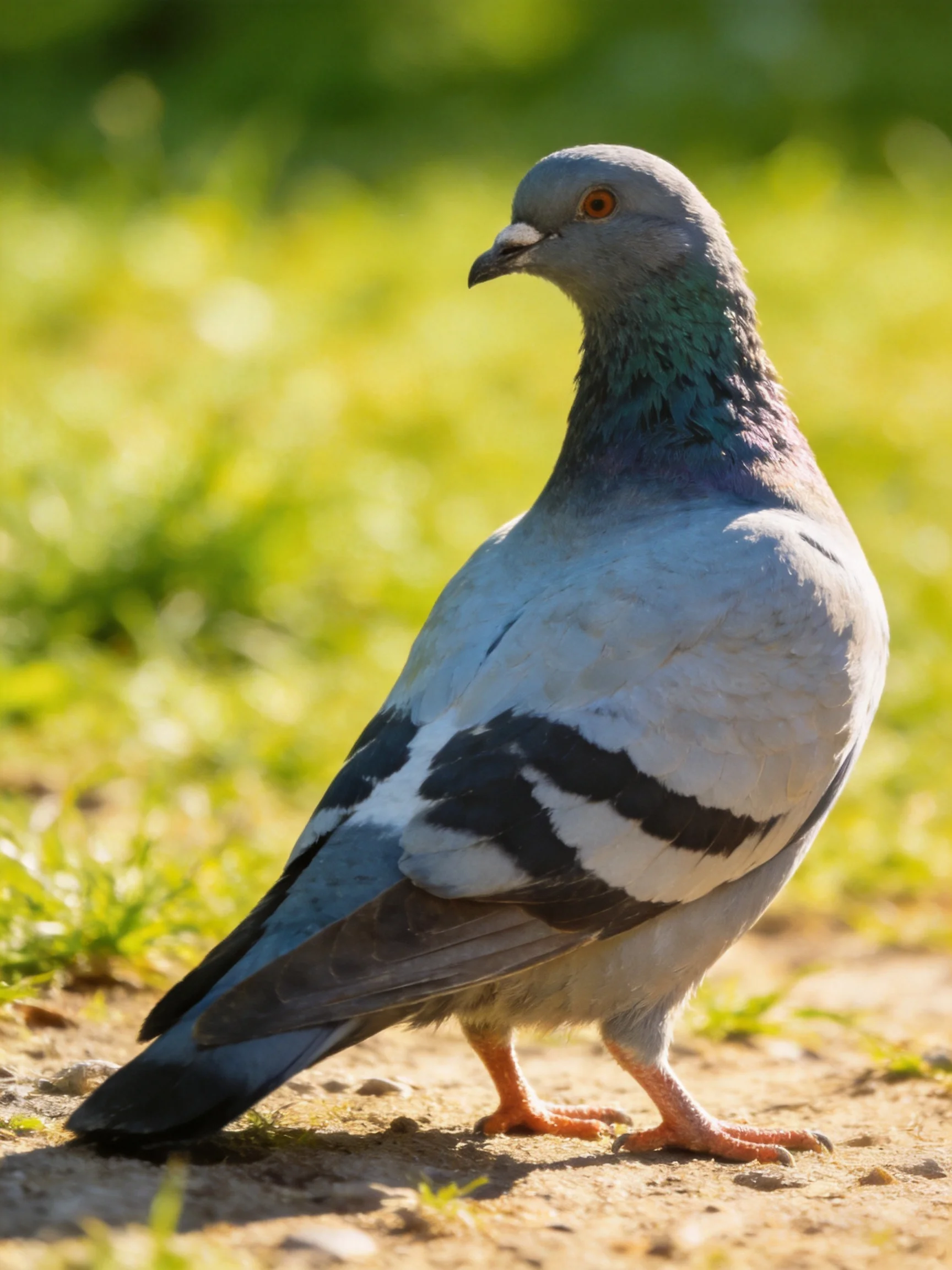 A gray-blue pigeon with black wing patches on dirt near green foliage