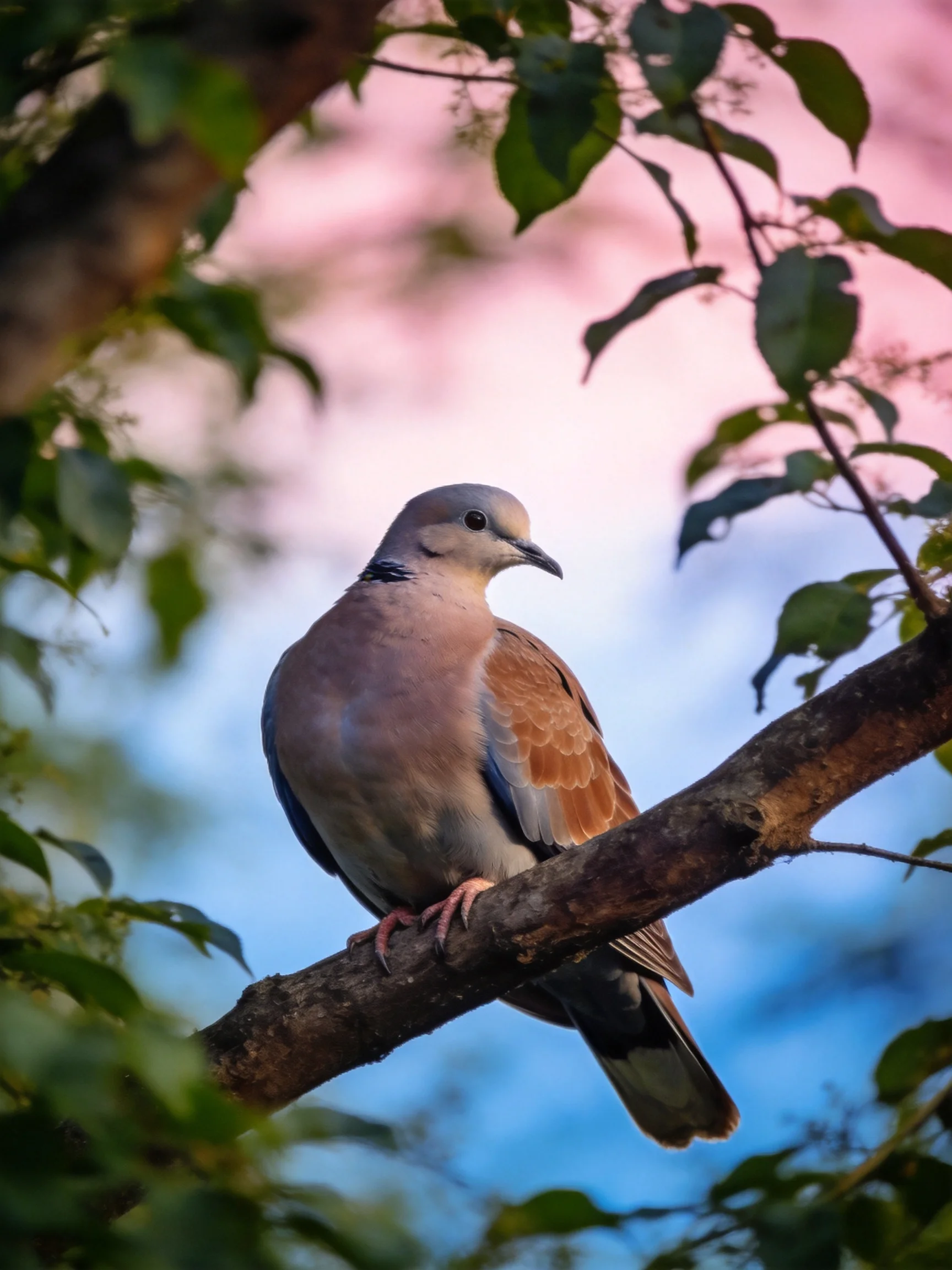 A gray-brown and orange dove perched on a tree branch with green foliage