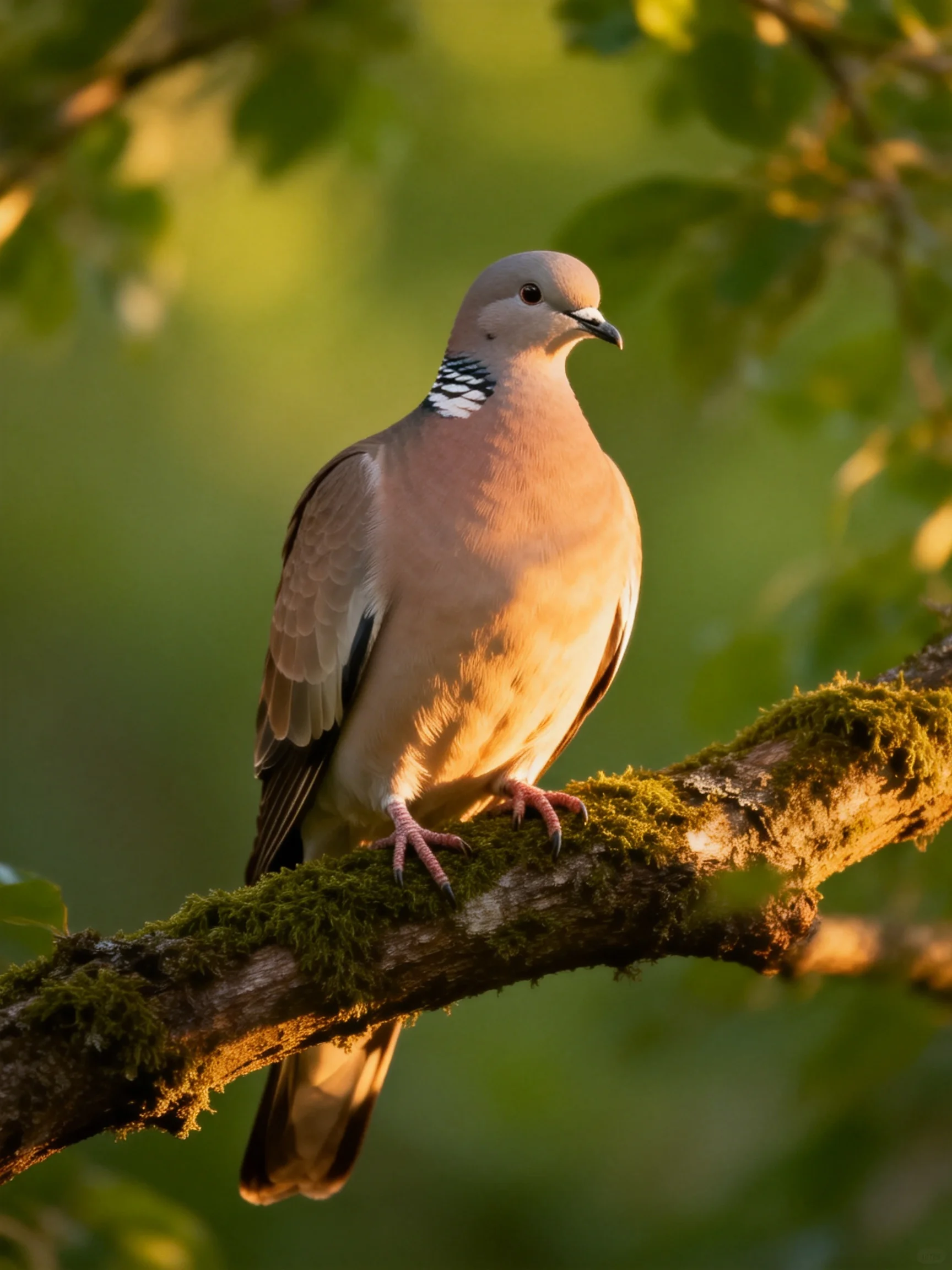 A gray-brown bird with black-and-white neck stripes perches on a mossy branch.