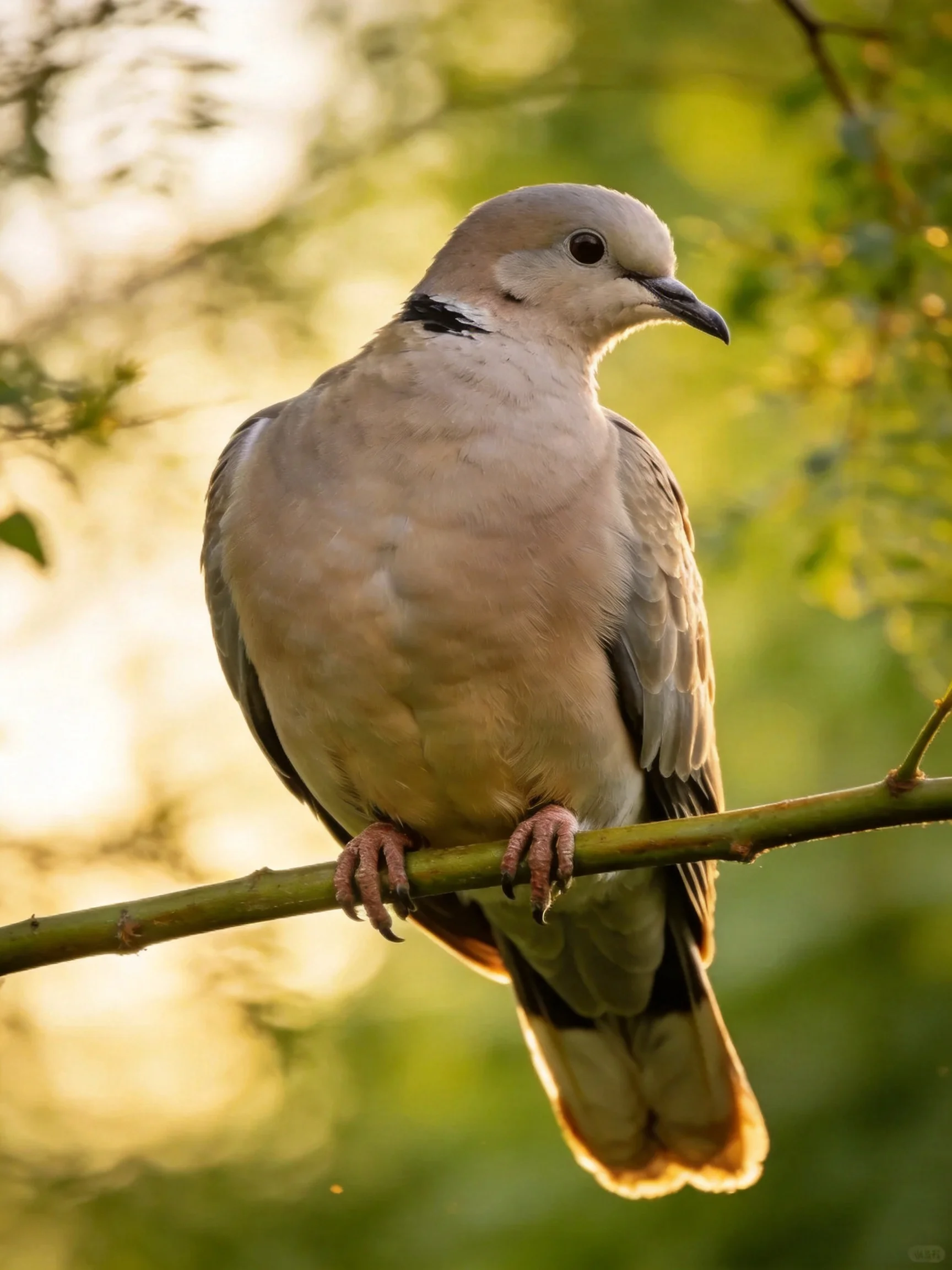 A gray-brown collared dove perches on a slender branch