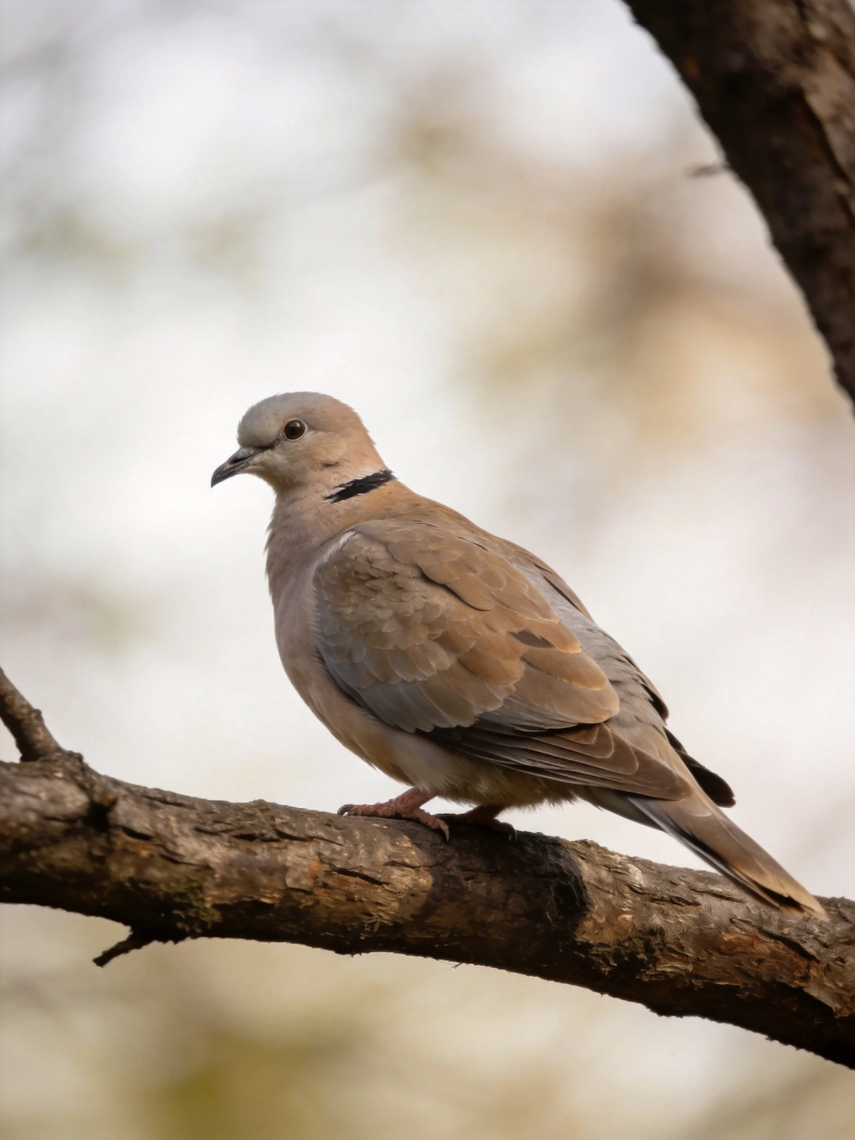 A gray-brown dove with a black neck band perches on a thick tree branch