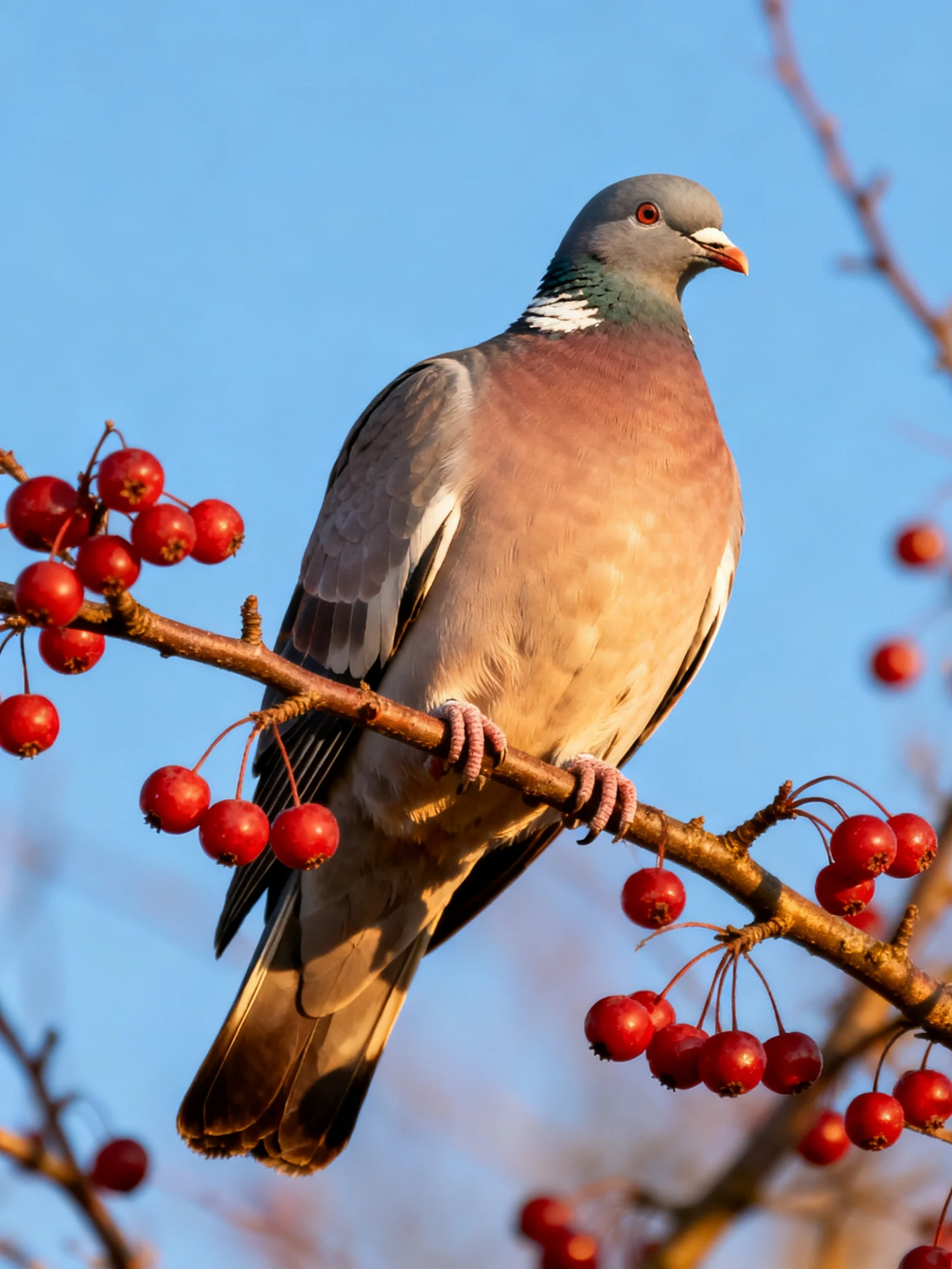 A gray-brown pigeon perched on a branch with vibrant red berries