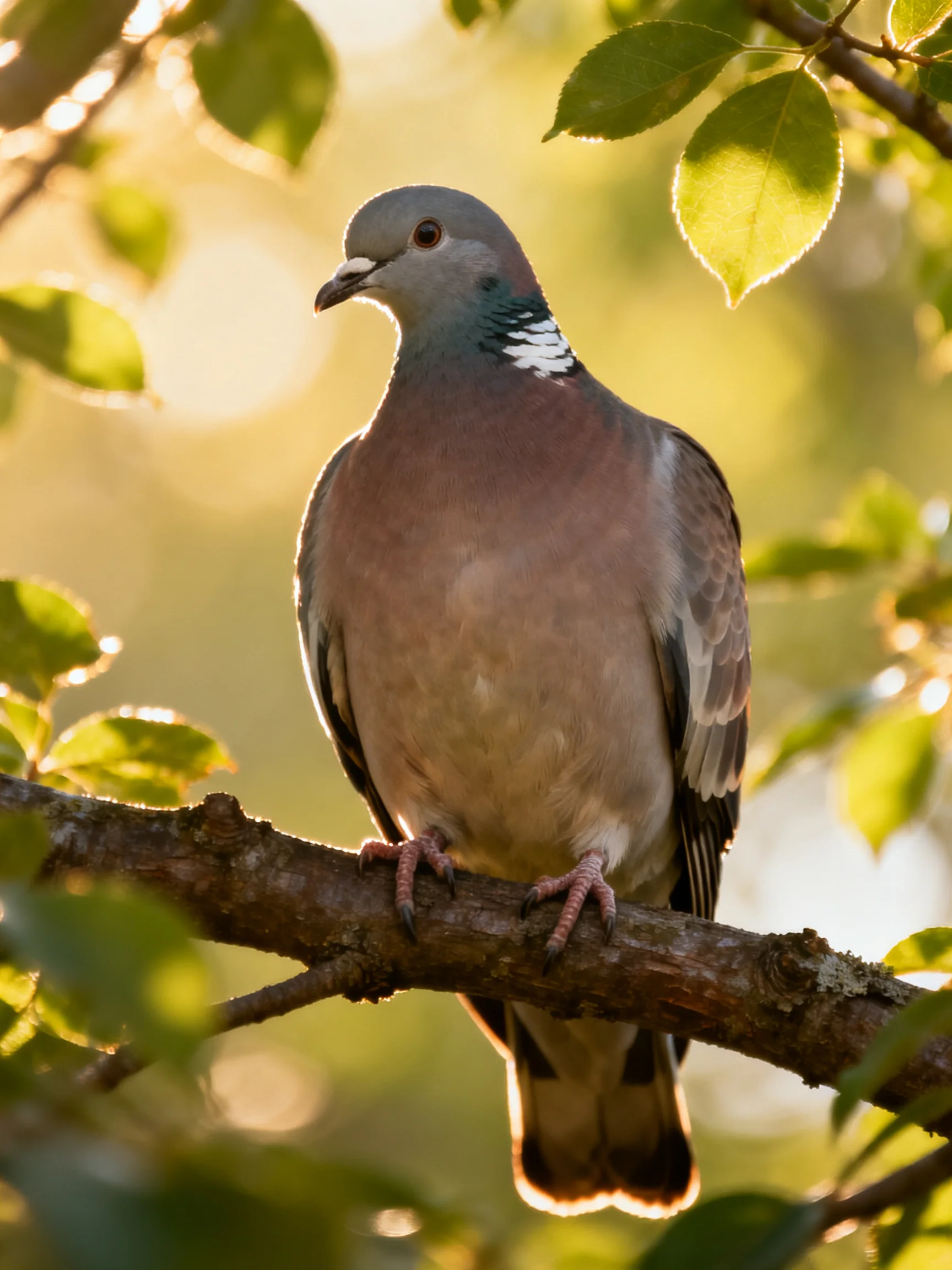 A gray-brown pigeon perched on a tree branch amid green foliage