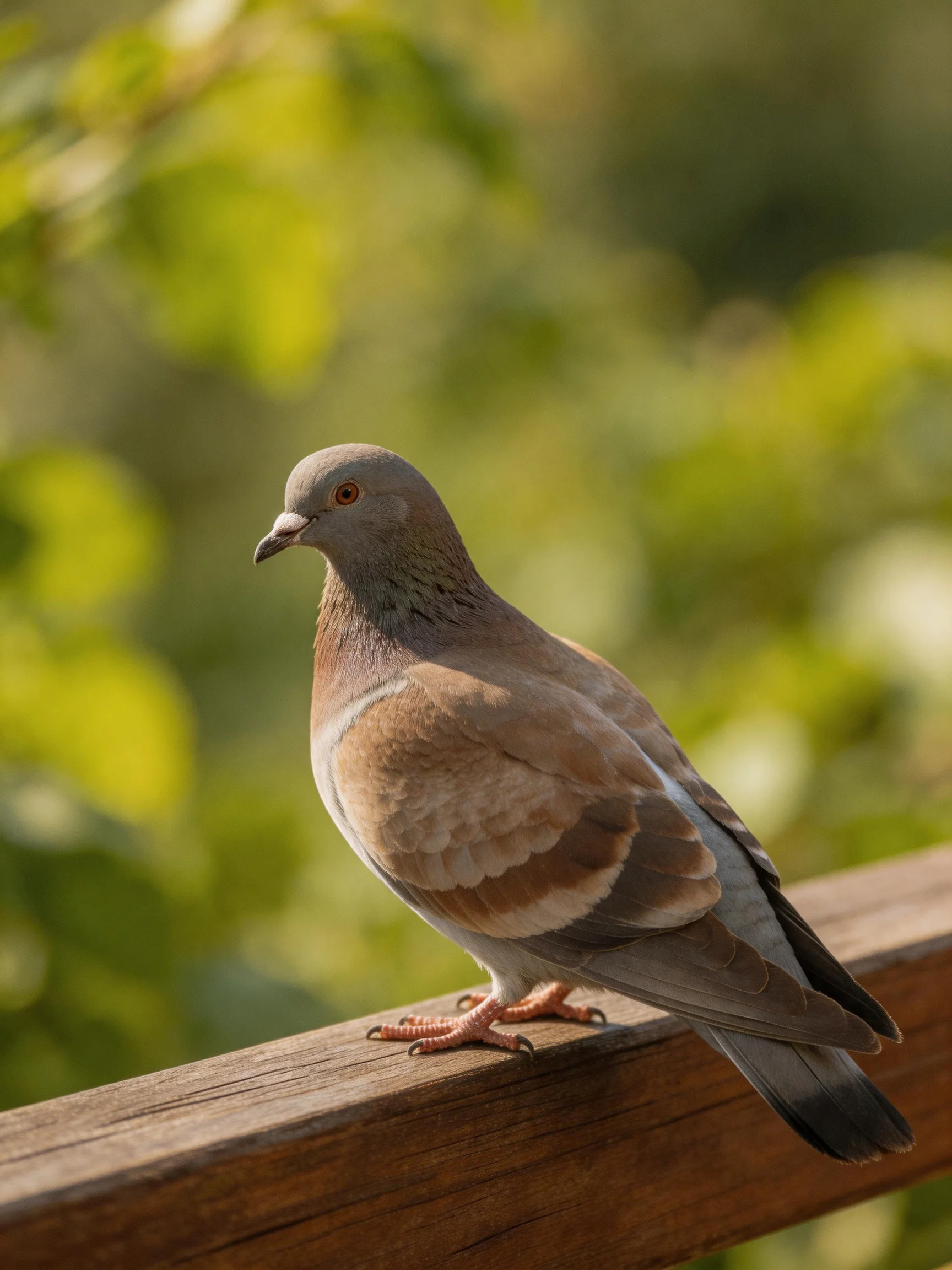 A gray-brown pigeon perched on a weathered wooden railing