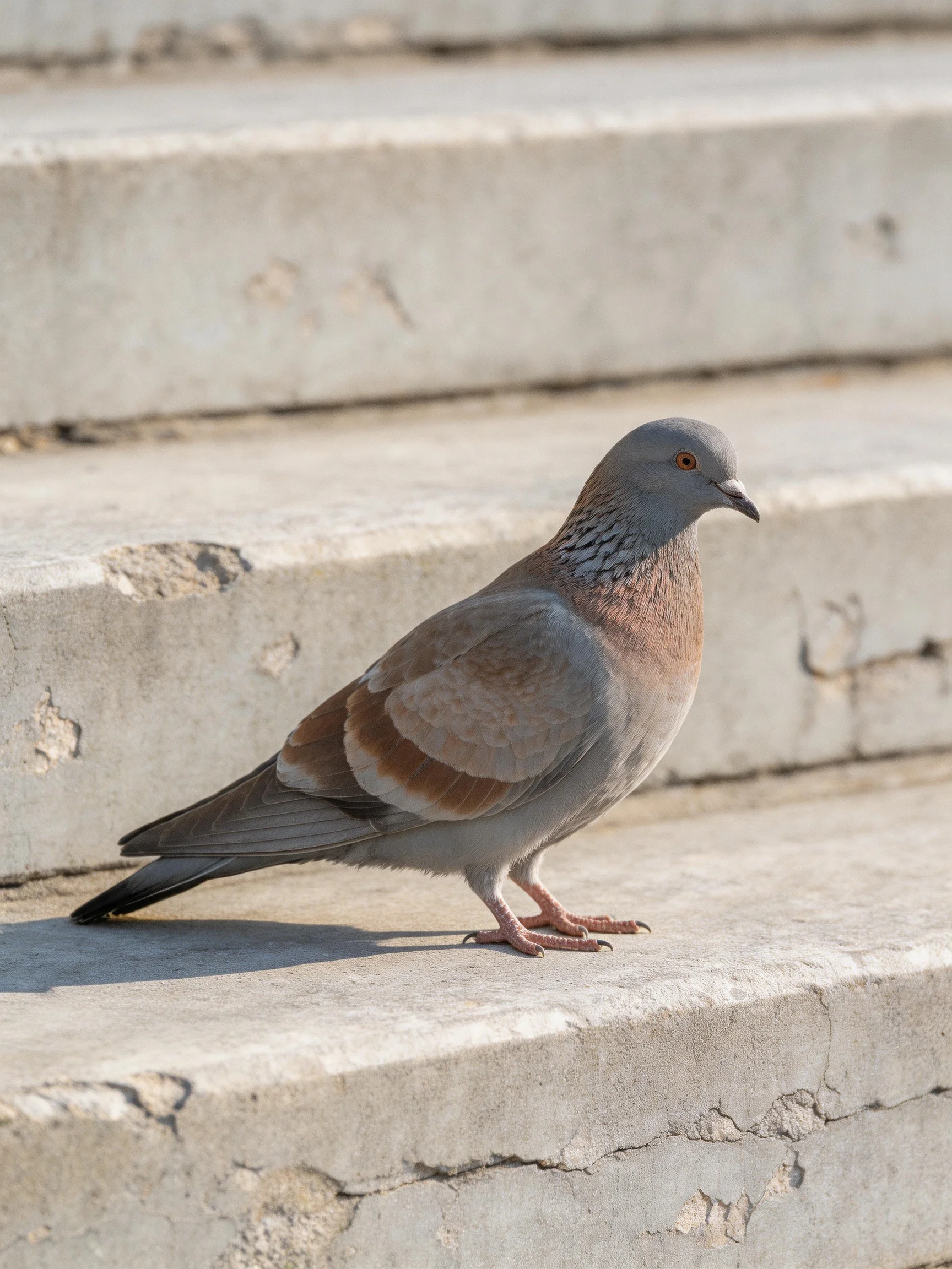 A gray-brown pigeon perched on weathered concrete steps