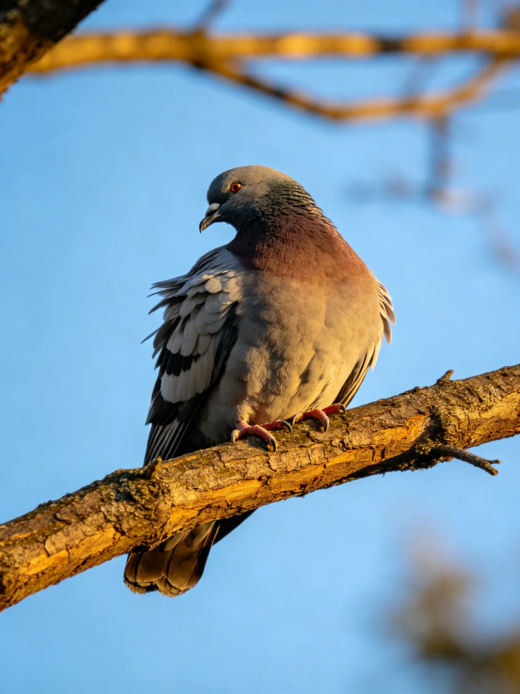 A gray-brown pigeon perches on a rough-textured tree branch
