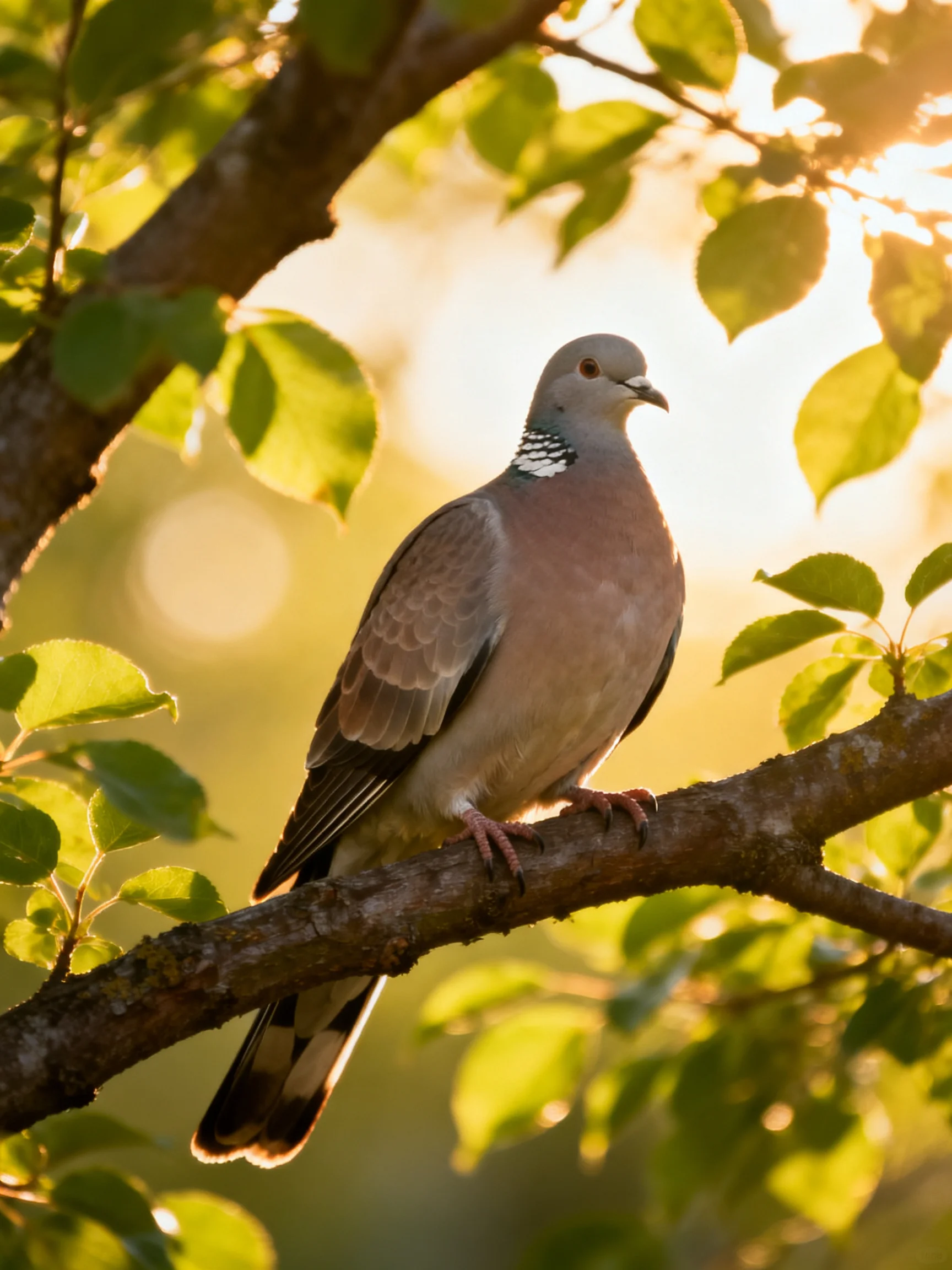 A gray-brown pigeon perches on a sunlit tree branch amid green foliage