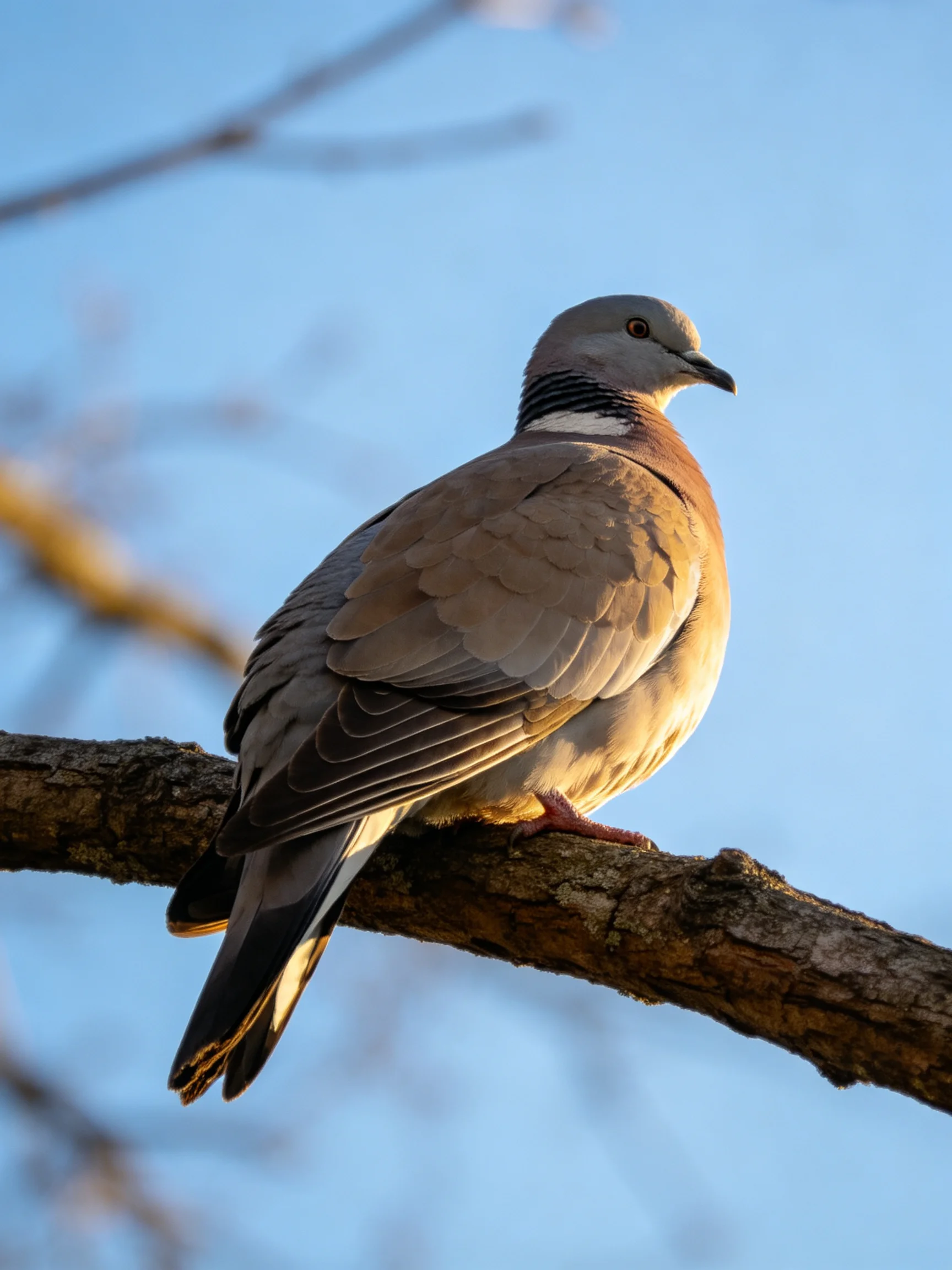 A gray-brown pigeon perches on a tree branch under a clear blue sky