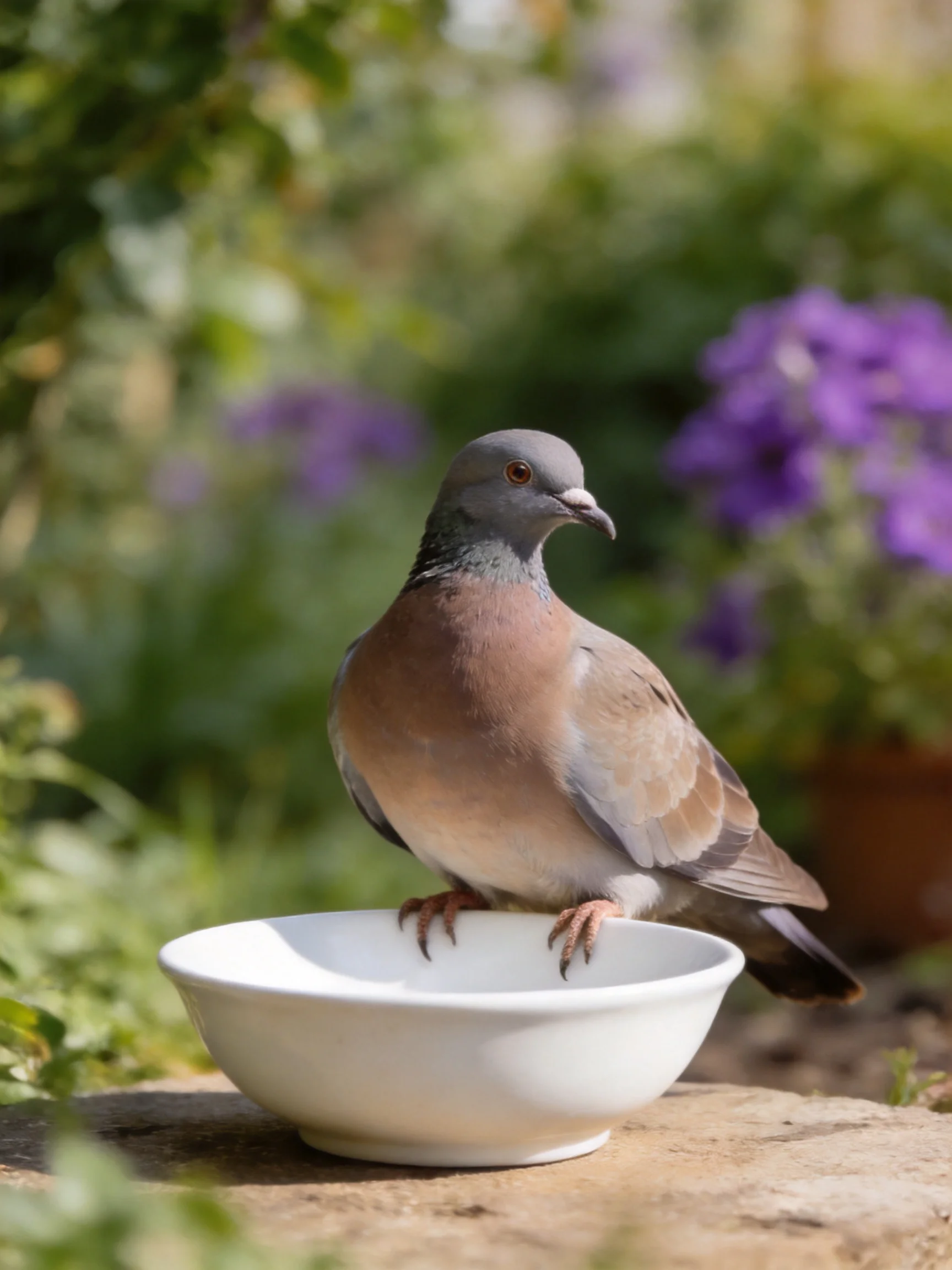 A gray-brown pigeon perches on a white bowl near greenery and purple flowers