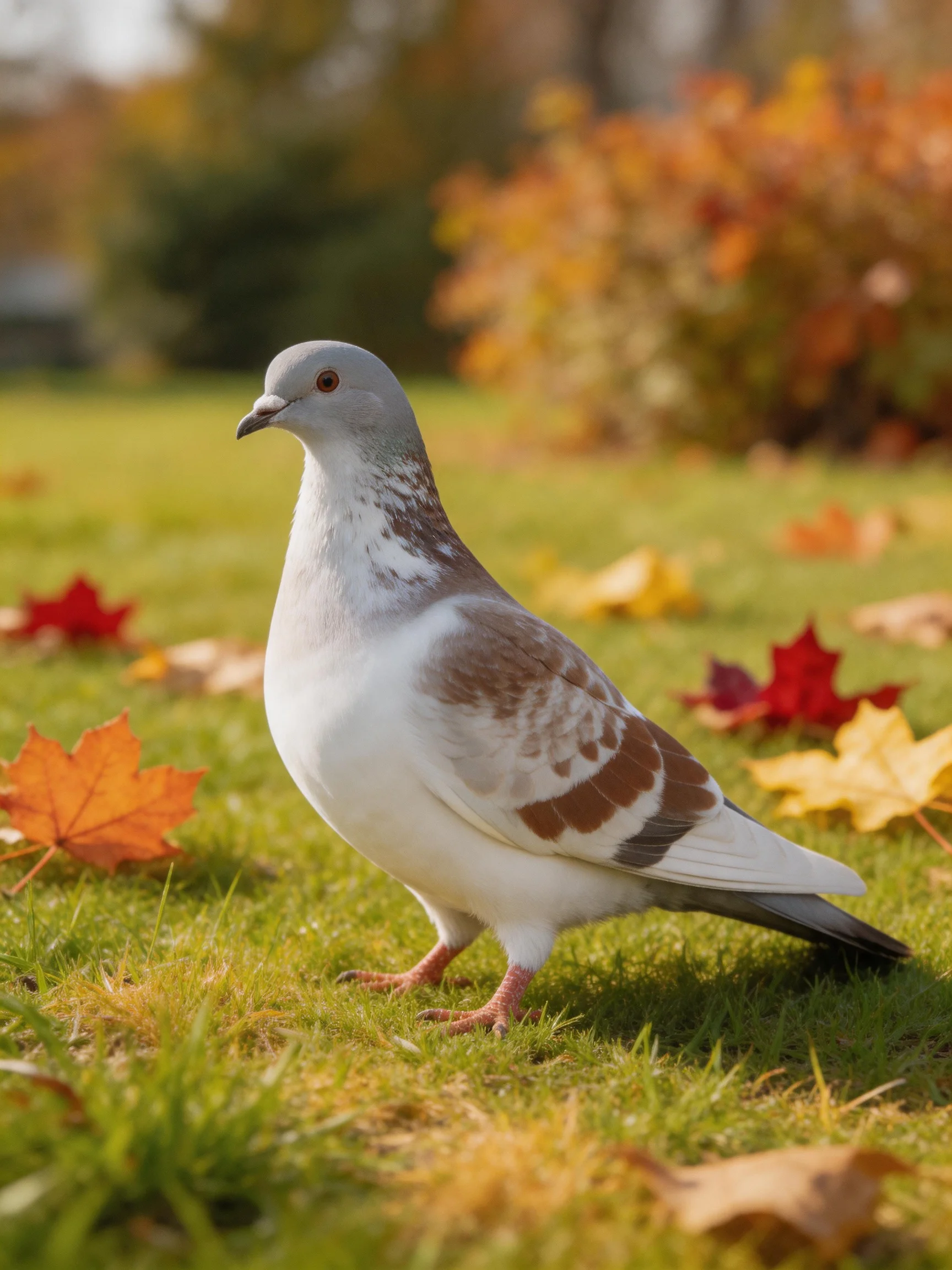 A gray-brown pigeon stands among colorful autumn leaves on green grass