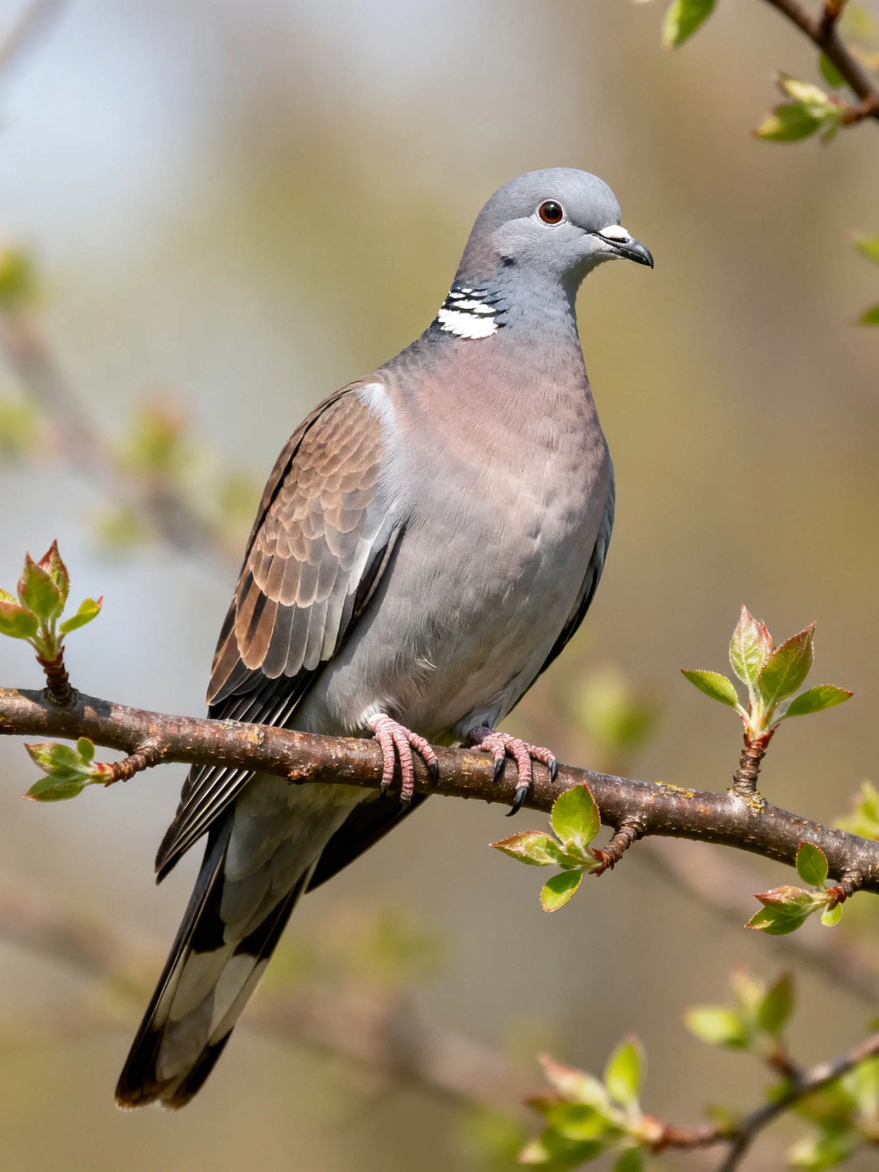 A gray-brown pigeon with white neck markings perches on a budding tree branch