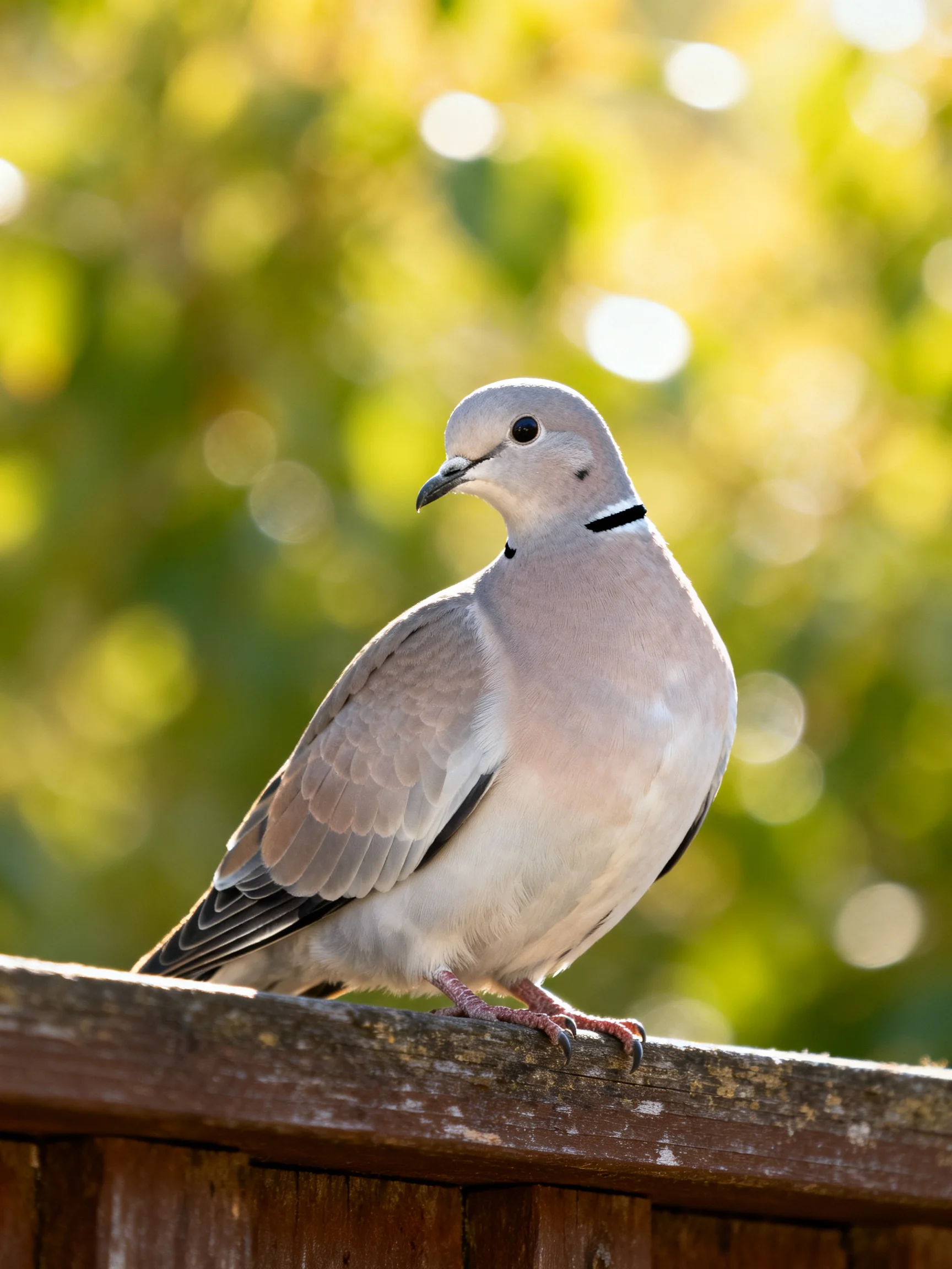 A gray collared dove perched on a weathered wooden fence with green bokeh