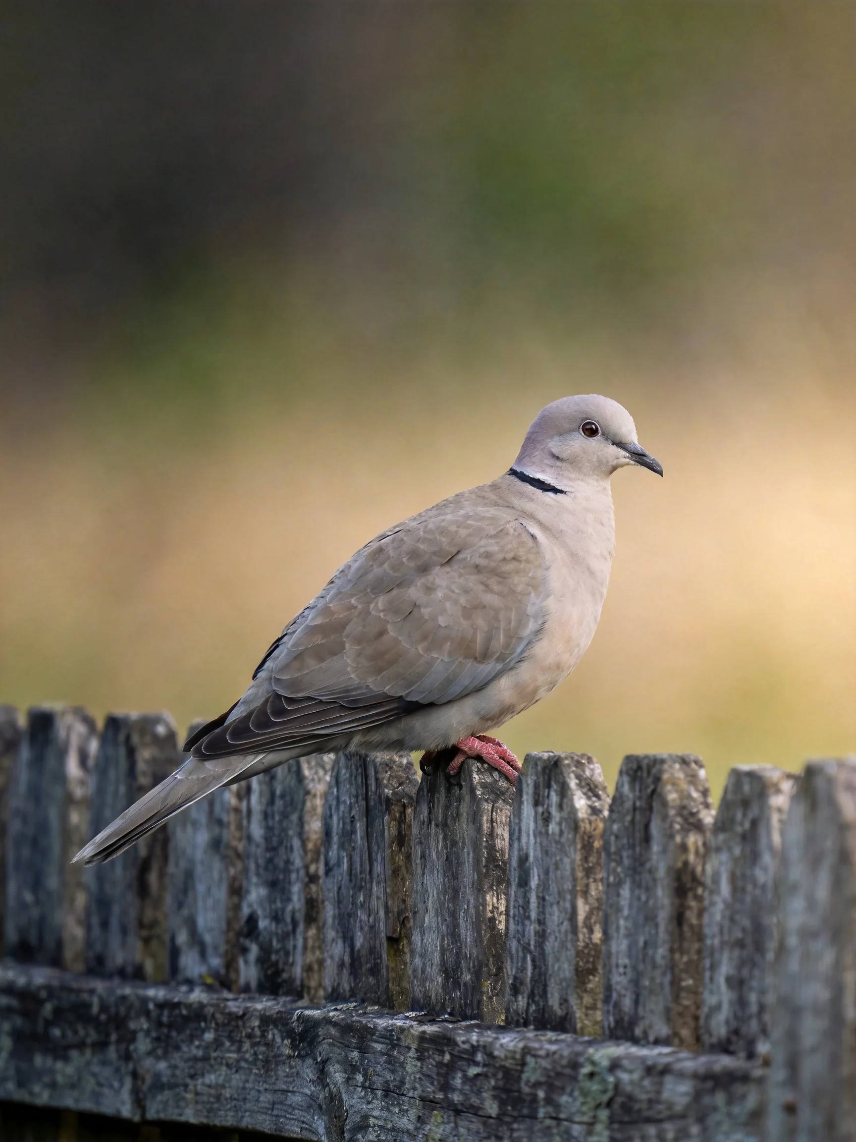 A gray collared dove perched on an aged wooden fence
