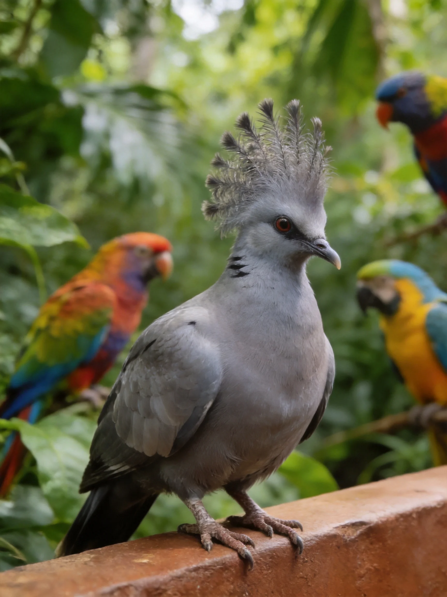 A gray crested bird among colorful parrots in lush greenery