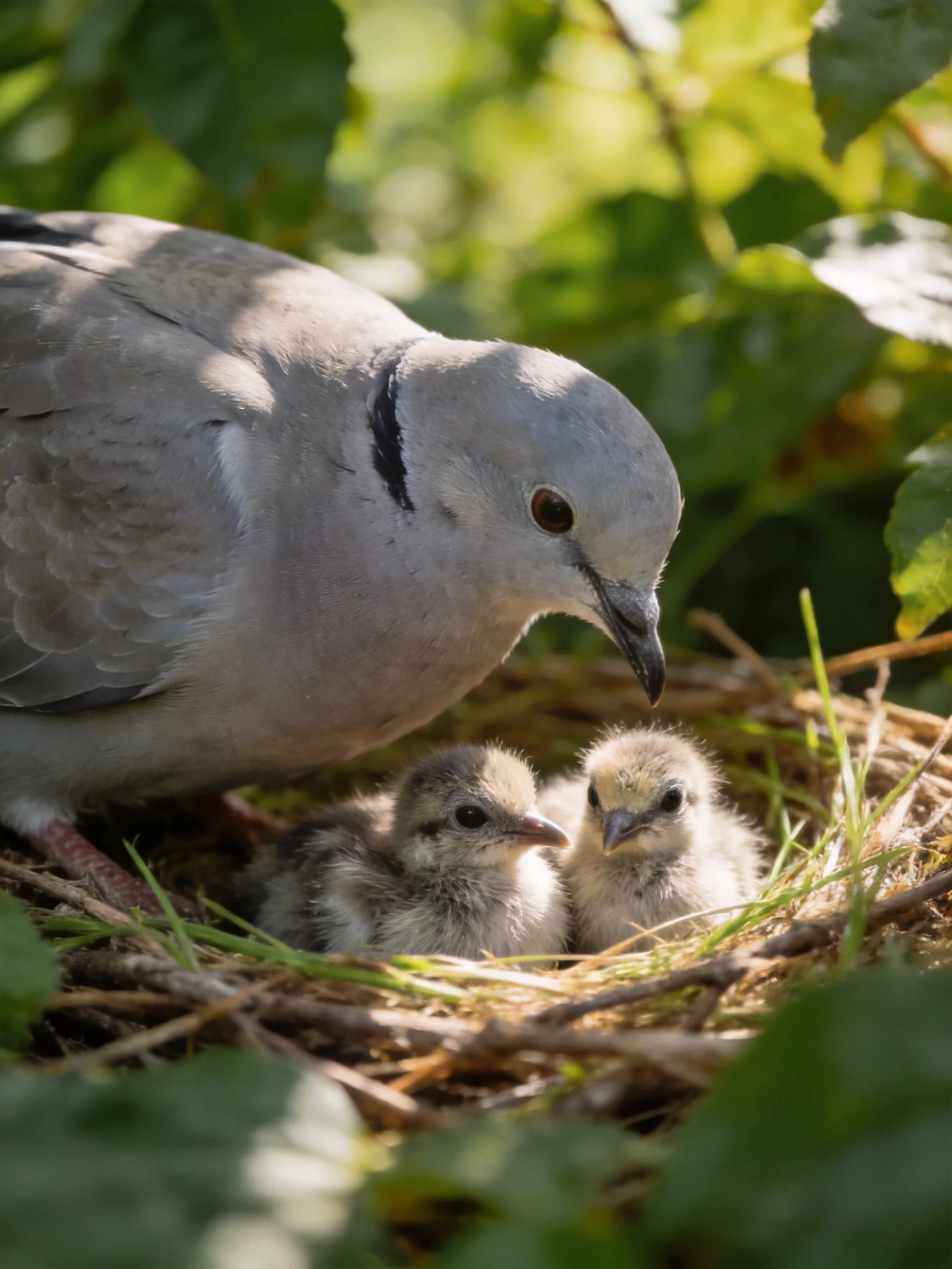 A gray dove cares for two fluffy chicks in a leaf-filled nest