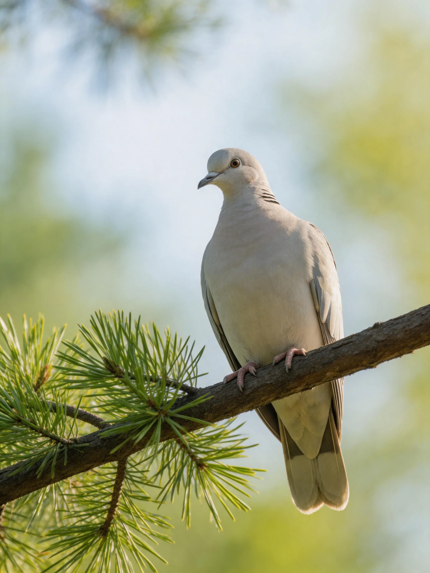 A gray dove perched on a dark brown pine branch