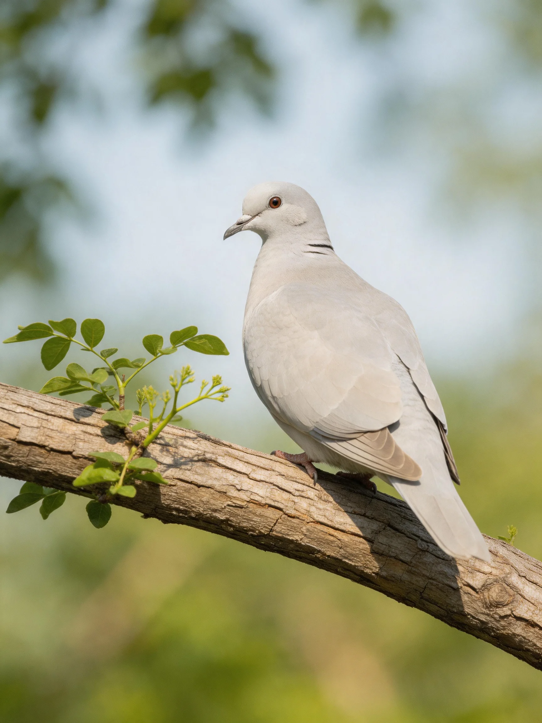 A gray dove perched on a rough-barked tree branch with small green foliage