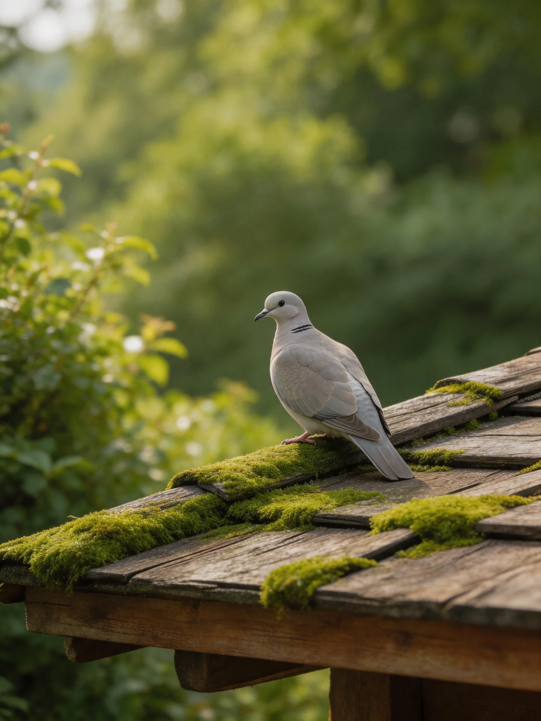A gray dove perches on a moss-covered wooden roof amid lush green foliage.