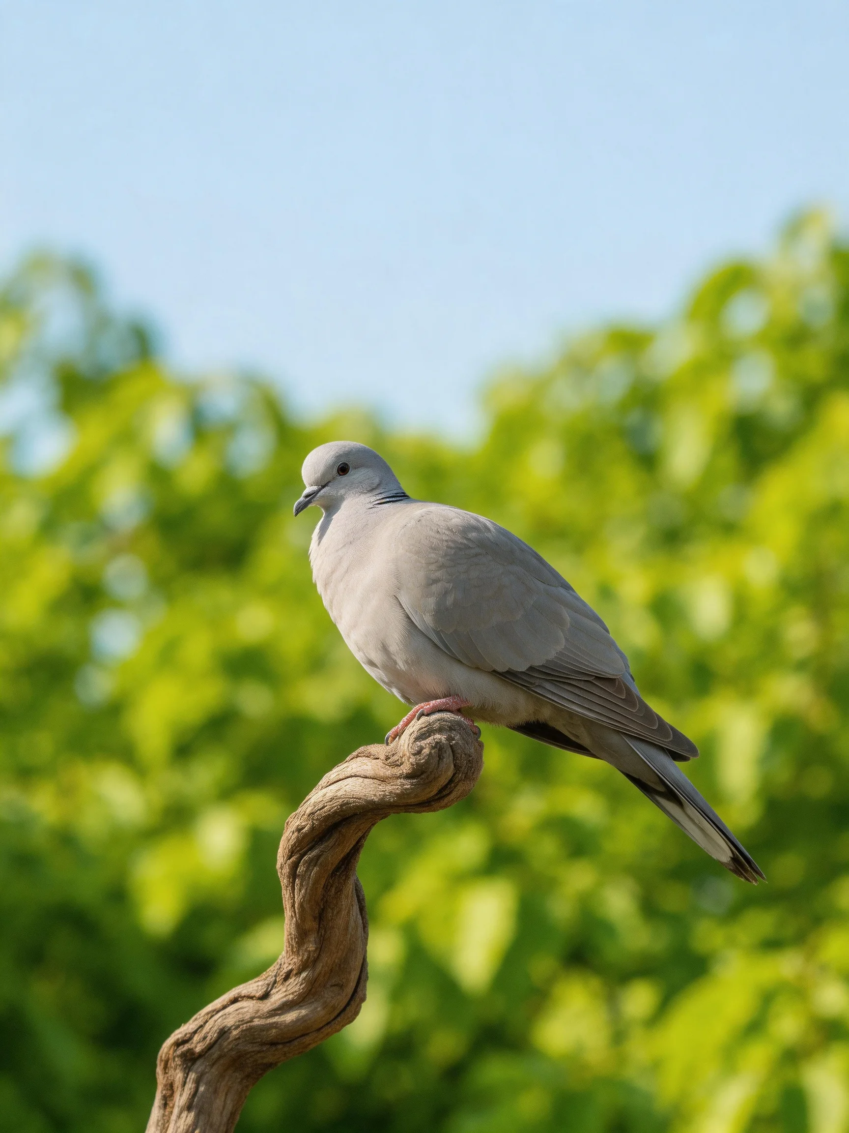A gray dove perches on a twisted wooden branch with vibrant green foliage