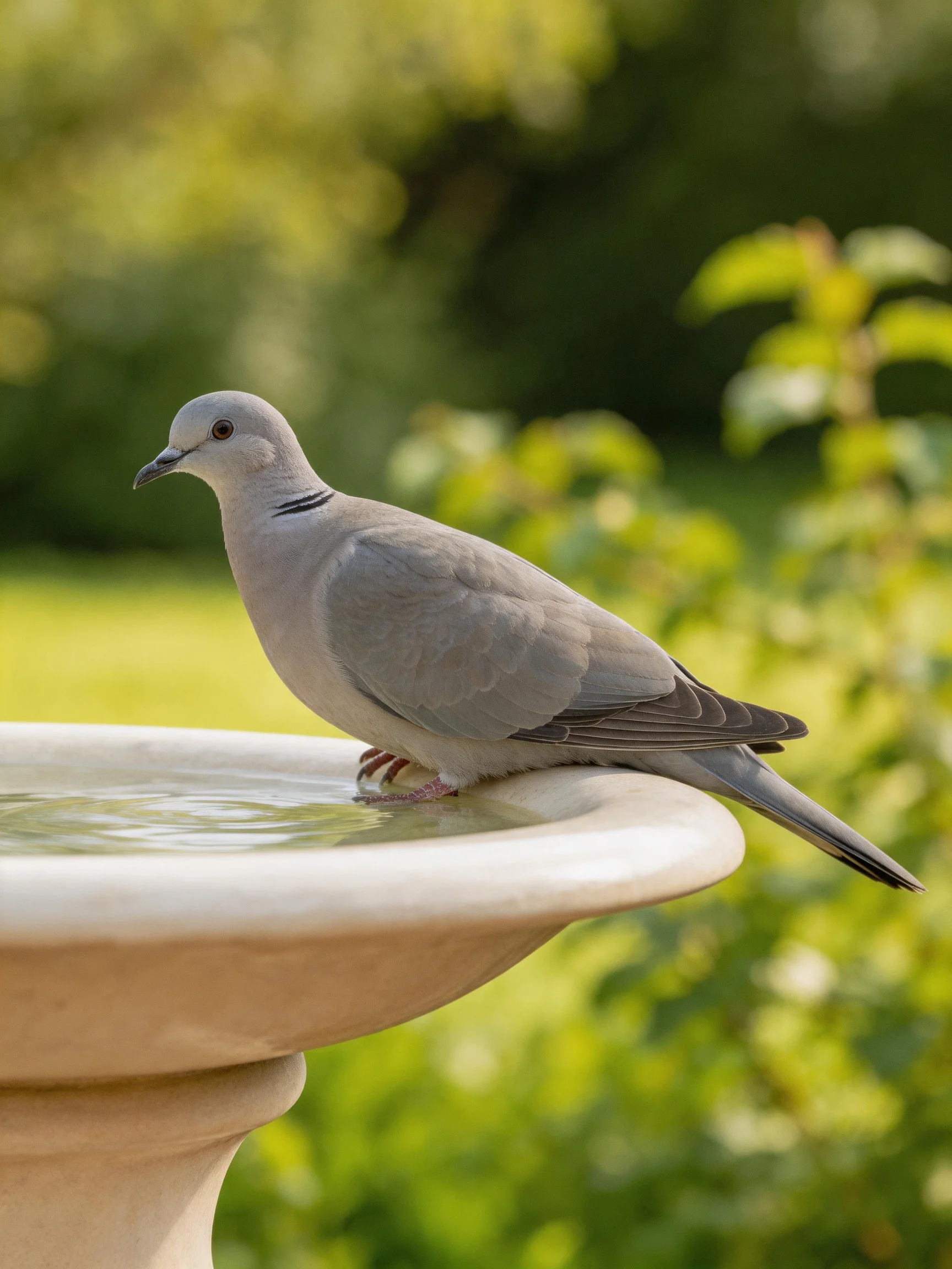 A gray dove perches on a white birdbath amid lush green foliage