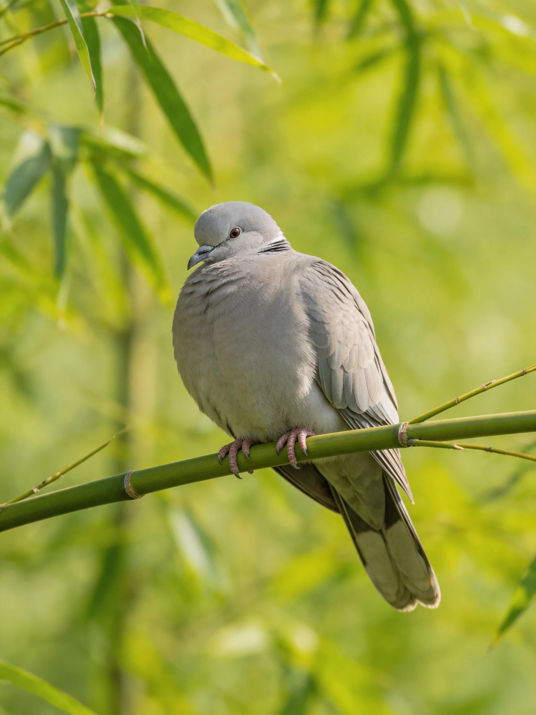 A gray dove resting on a vibrant bamboo branch amid lush greenery