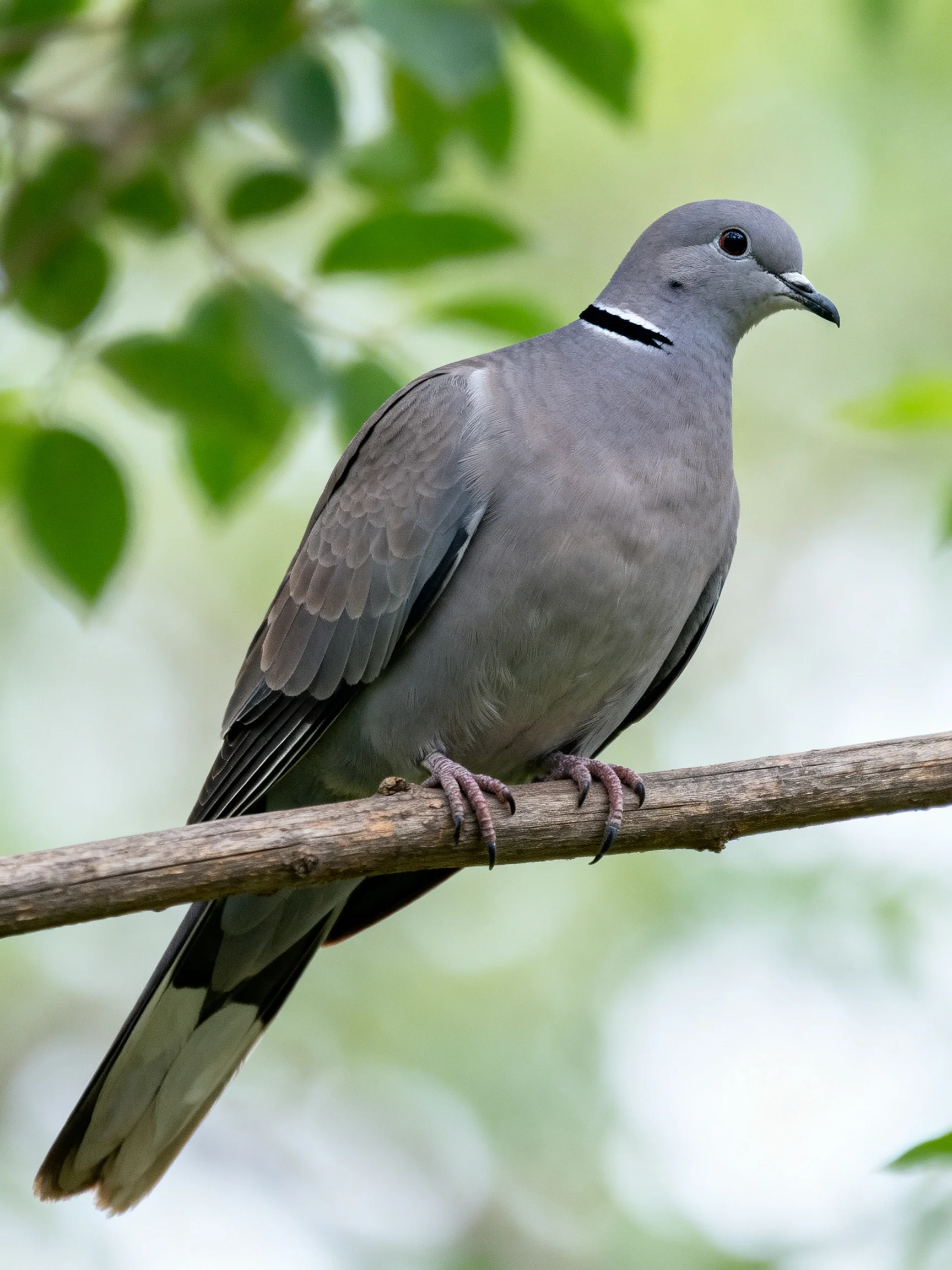 A gray dove with a black neck band perched on a tree branch