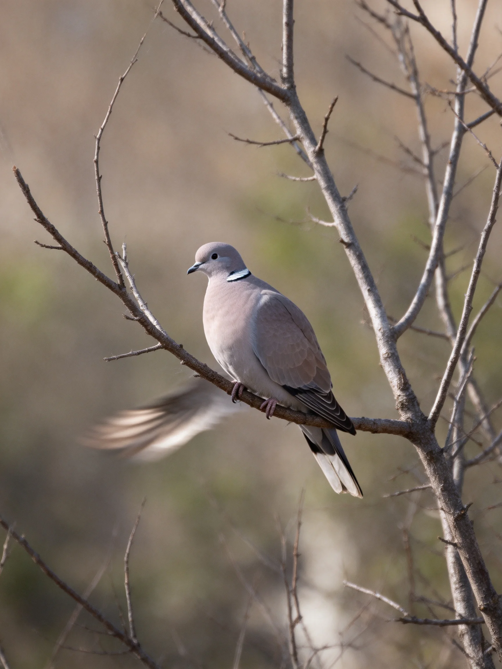 A gray dove with a white neck band perches on a leafless tree branch