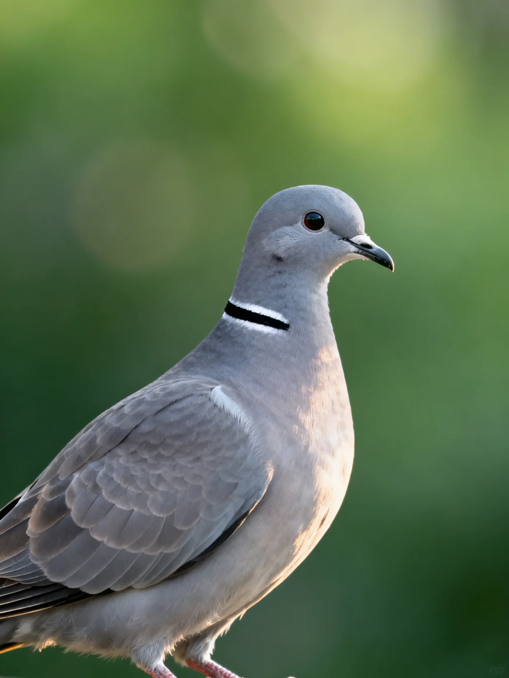 A gray dove with black neck stripe against soft green blur