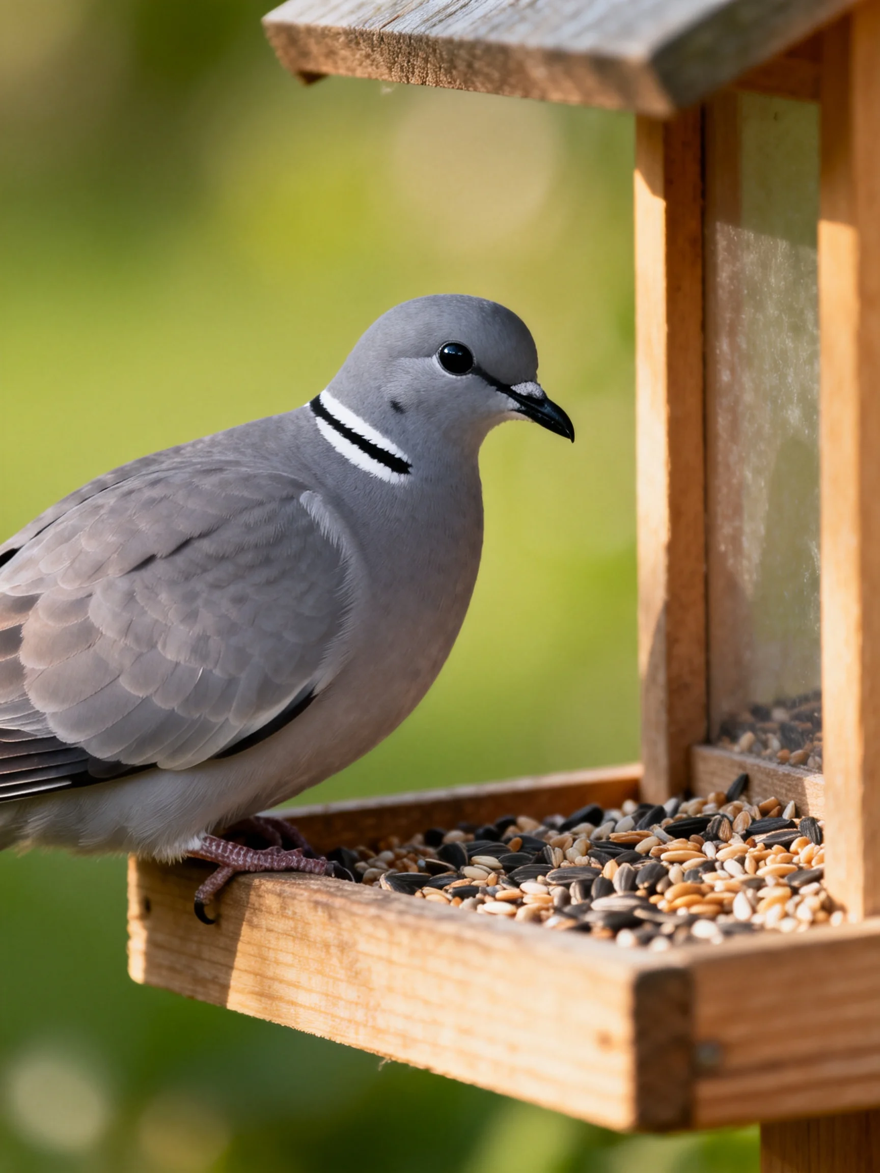 A gray dove with black neck stripes perches on a wooden seed-filled feeder