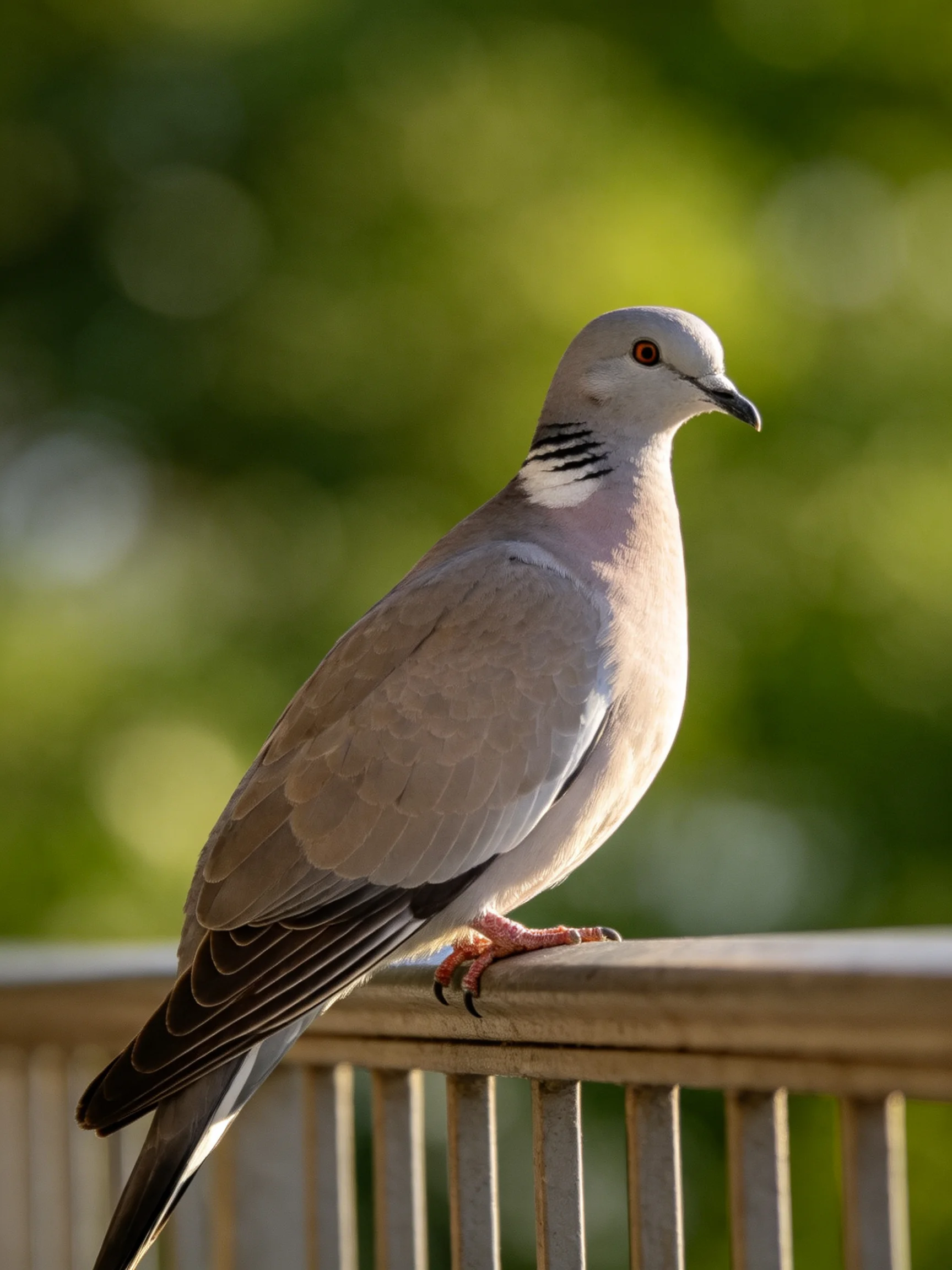A gray-feathered dove perched on a wooden railing with blurred greenery