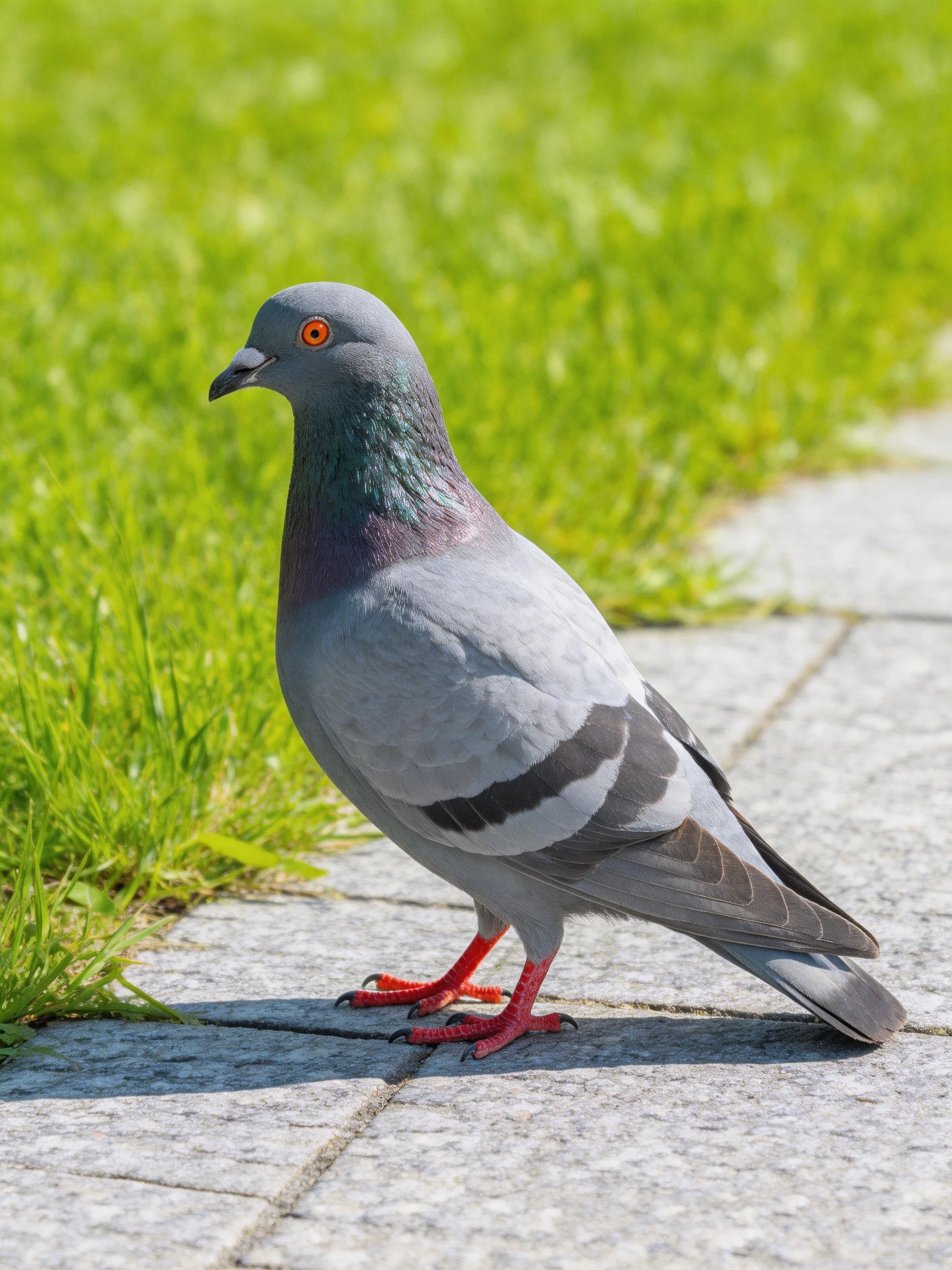 A gray pigeon stands beside green grass on a paved walkway.