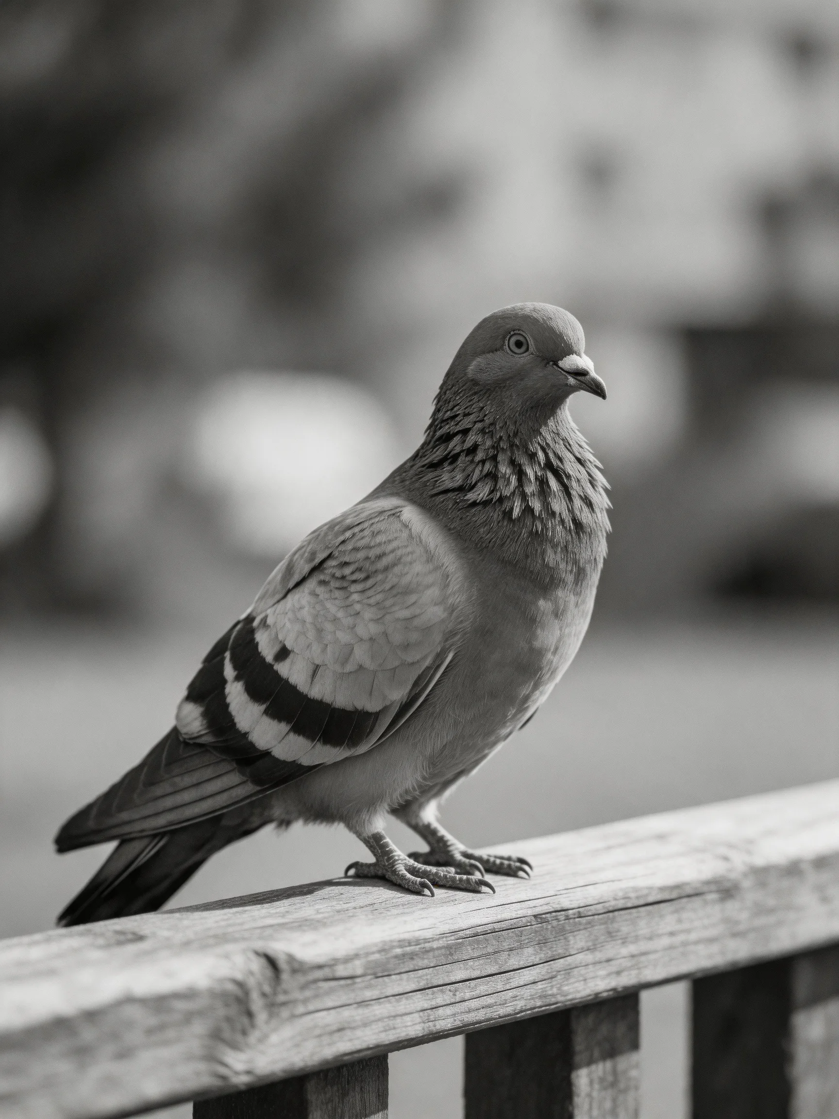A gray-feathered pigeon with striped wings perched on a wooden railing